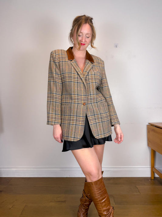 Vintage Wool Plaid Blazer with Brown Collar (Size L/XL)