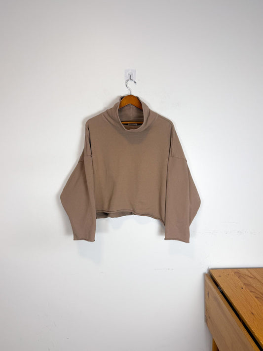 TKEES Sustainable Cropped Cowl Neck Sweater in Brown (Size S/M)