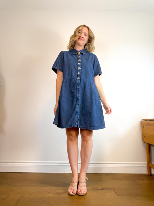 Vintage Denim Dress with Embroidered Daises (Size XL)