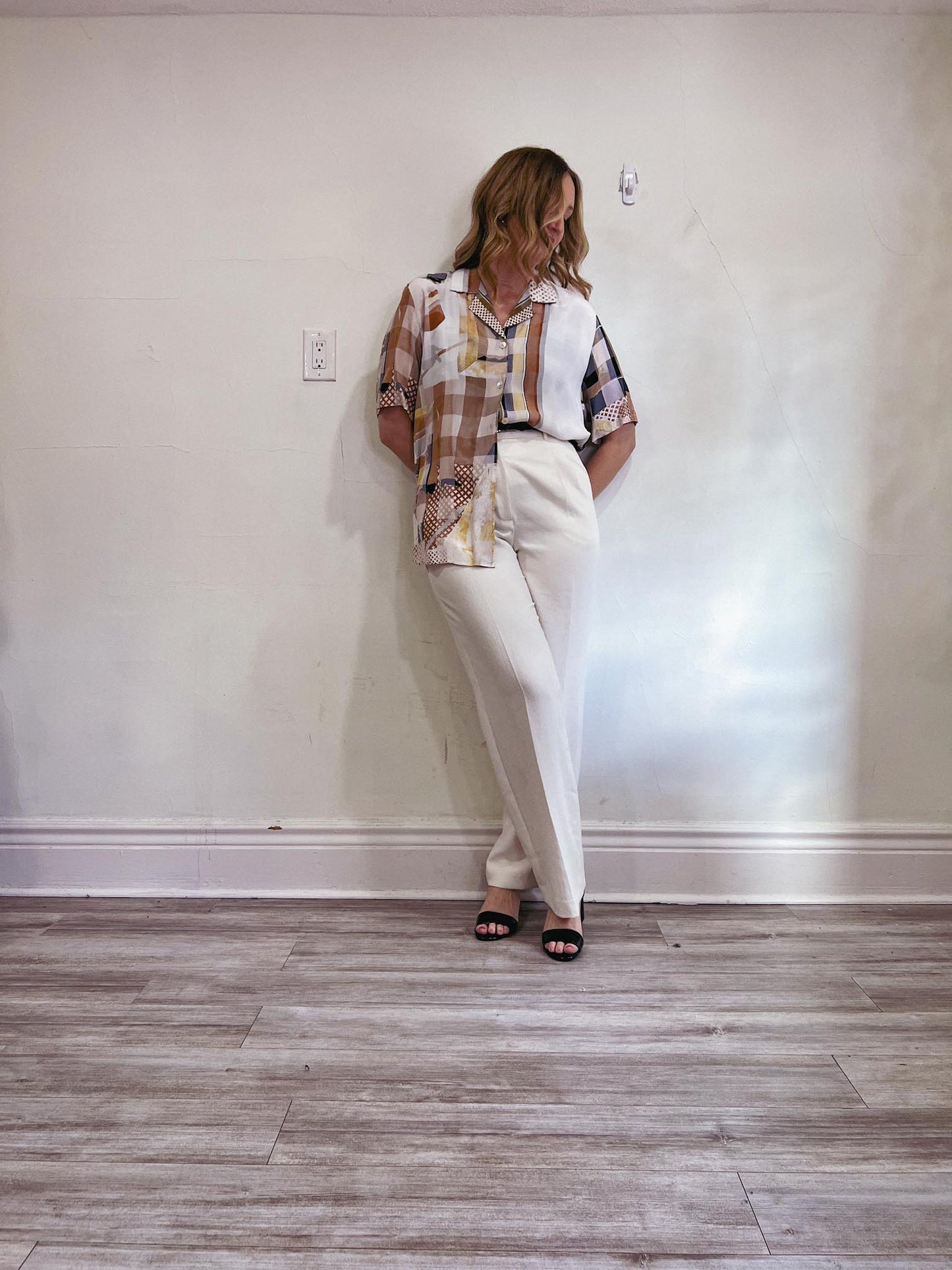 Vintage Mixed Print Short Sleeve Blouse (Size L)