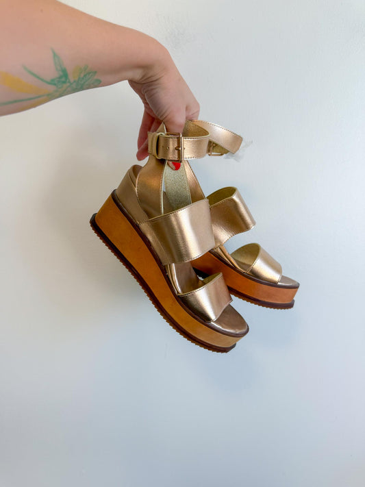 Free People "Vegan Dorian Wedge Sandals in Rose Gold" (Size 9)