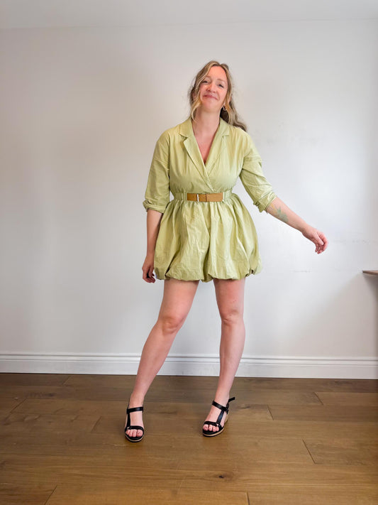 Anthropologie Collared Belted Bubble Mini Dress in Sage Green (Size M)
