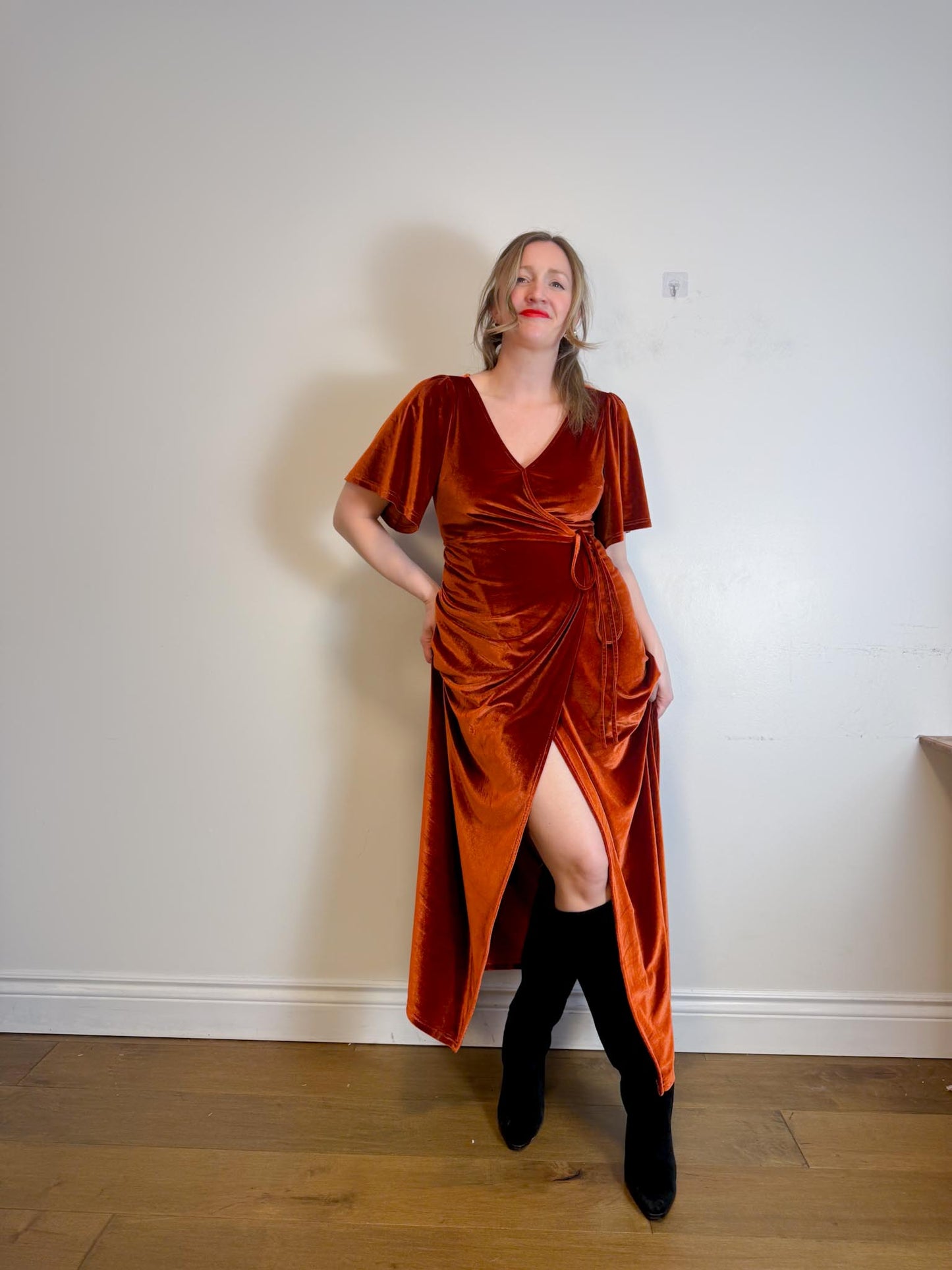 BALTIC BORN "Meghan Velvet Wrap Maxi Dress" in Rust (Size L)