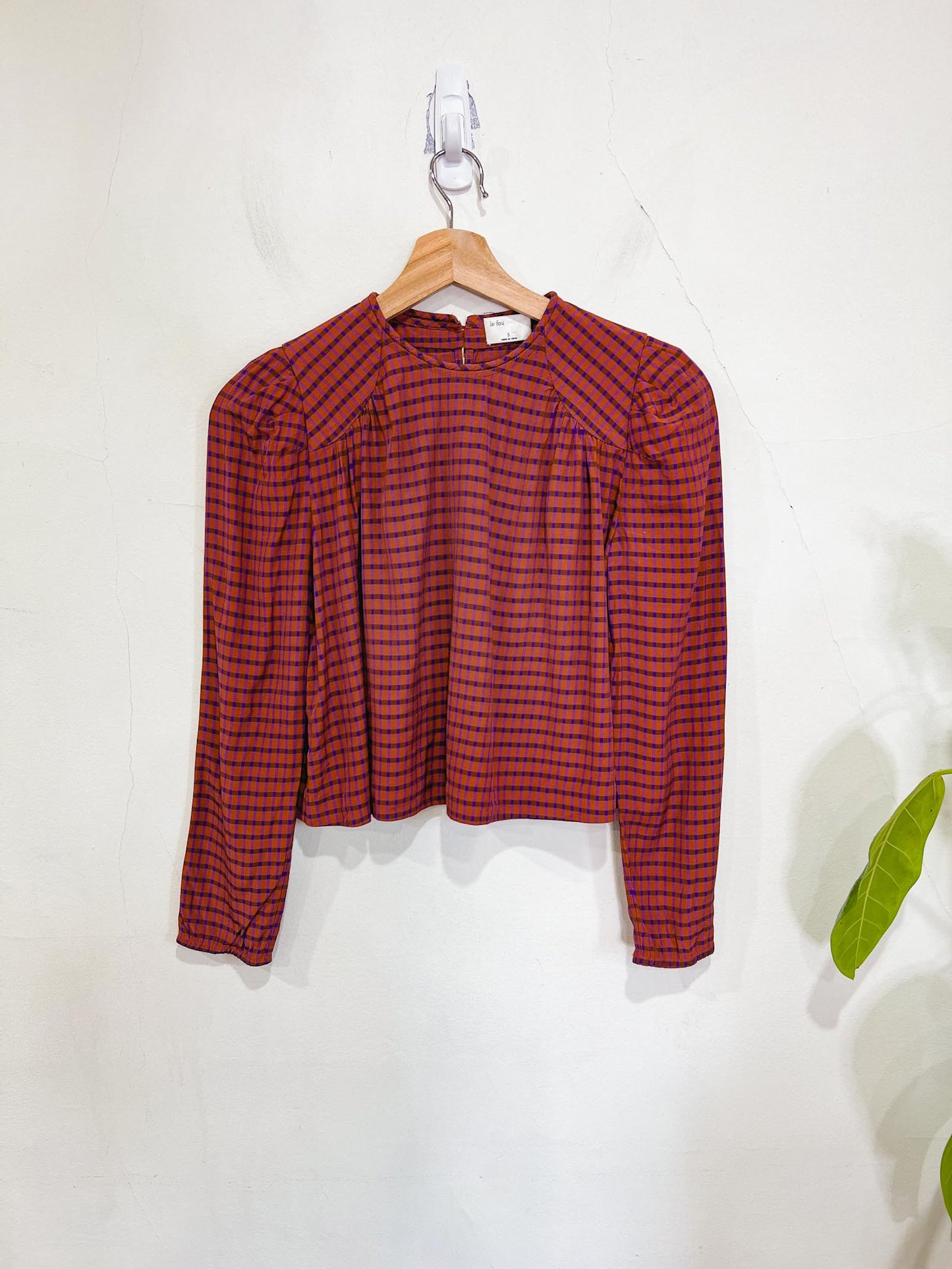 Wilfred Le Fou "Sachi Gingham Cropped Blouse" in Brown/Purple (Size S)