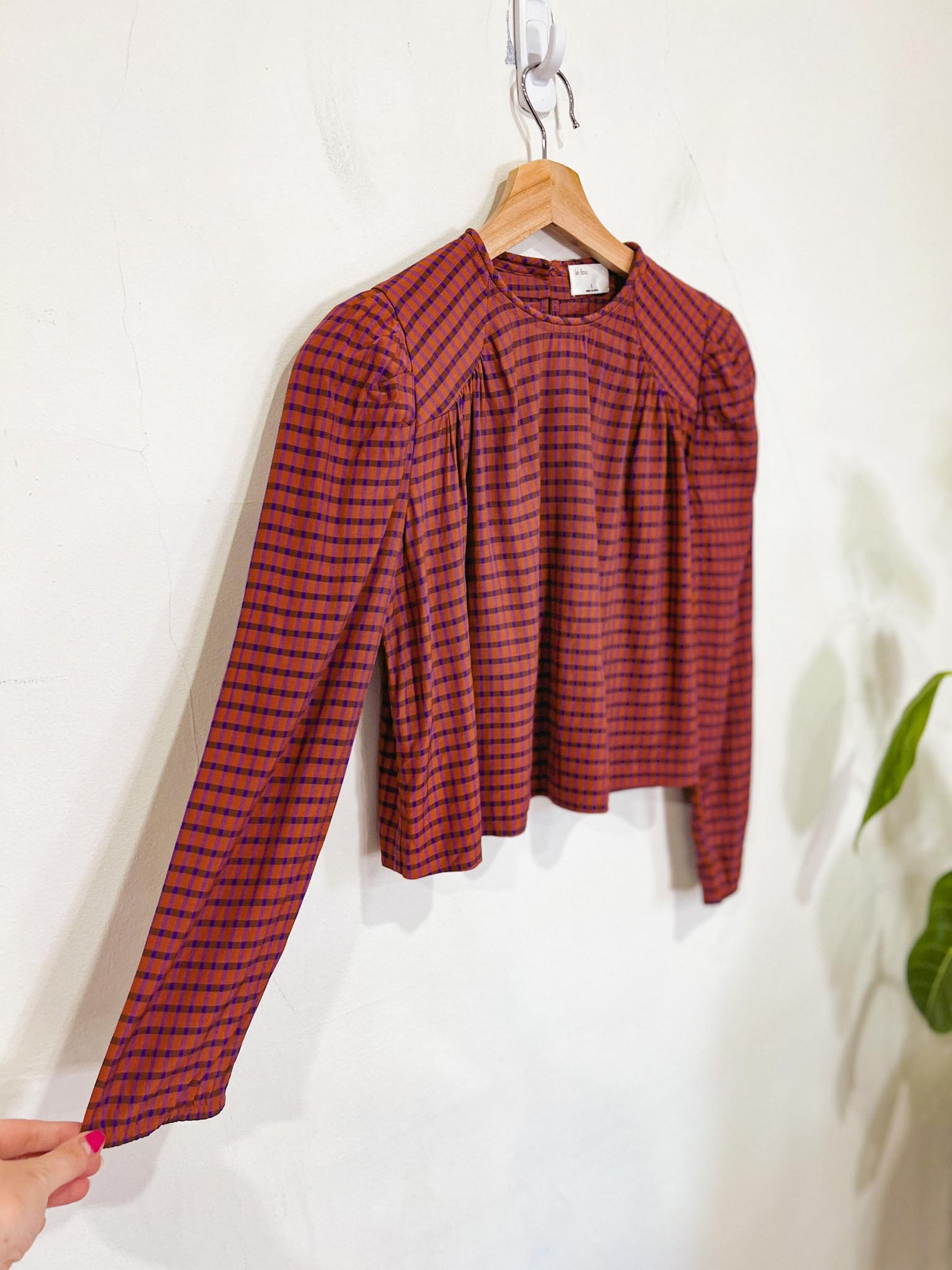 Wilfred Le Fou "Sachi Gingham Cropped Blouse" in Brown/Purple (Size S)