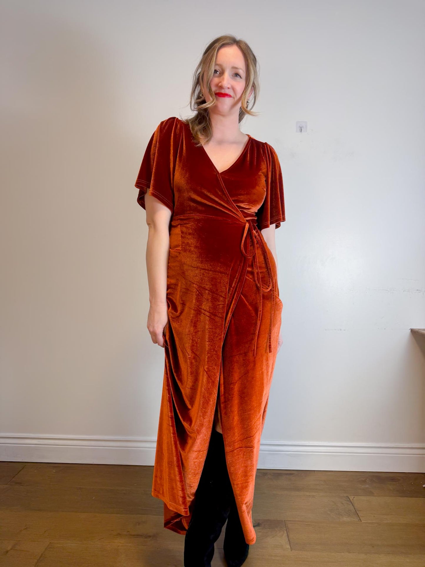 BALTIC BORN "Meghan Velvet Wrap Maxi Dress" in Rust (Size L)
