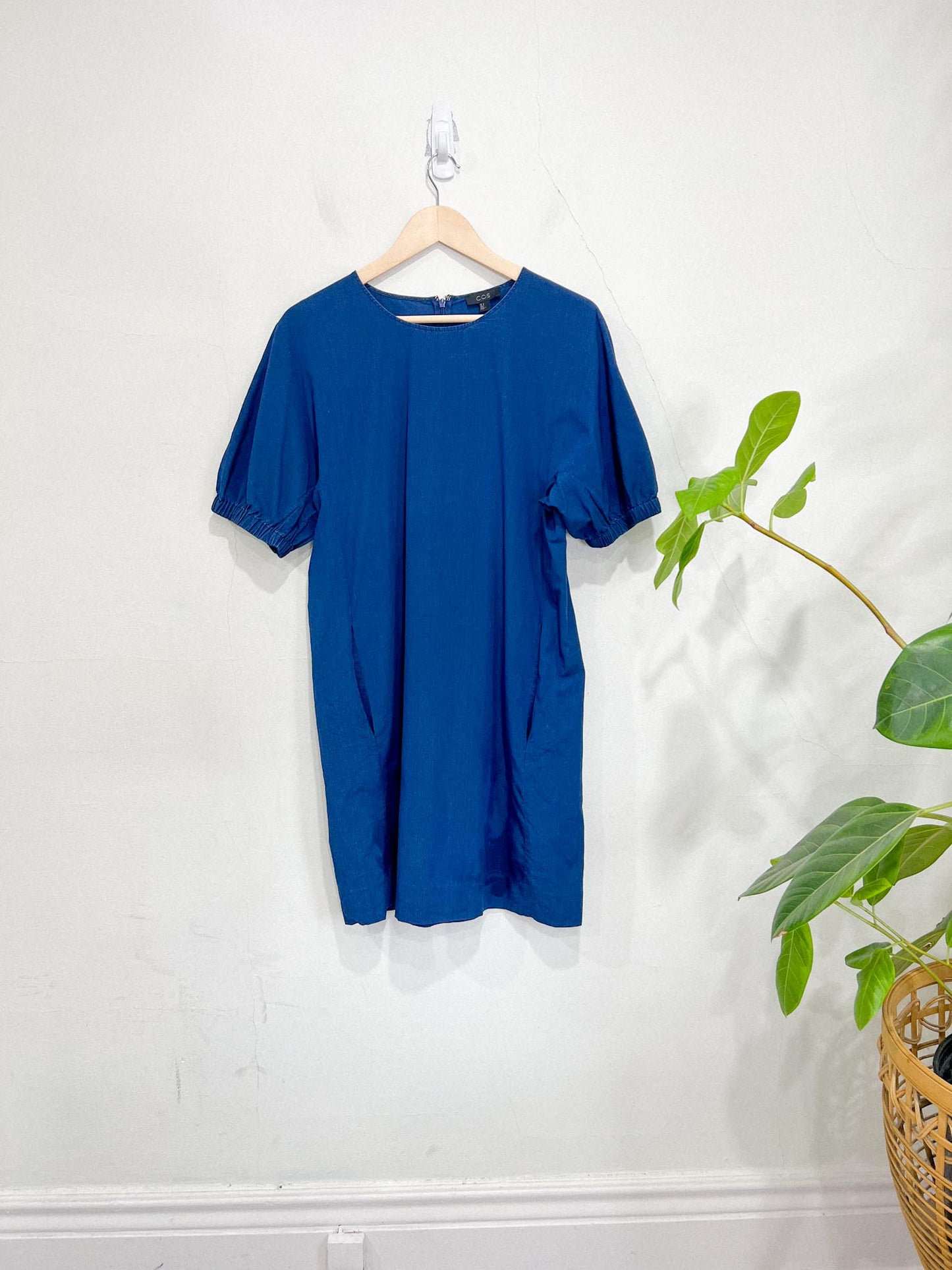 COS Blue Cotton Puff Sleeve Mini Dress (Size M)