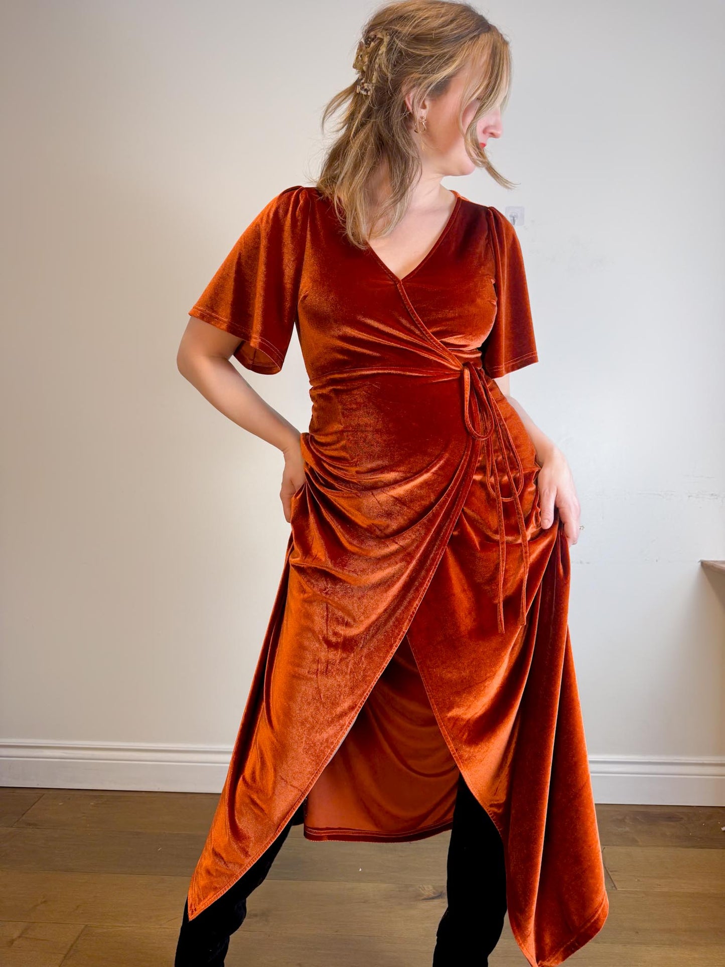BALTIC BORN "Meghan Velvet Wrap Maxi Dress" in Rust (Size L)