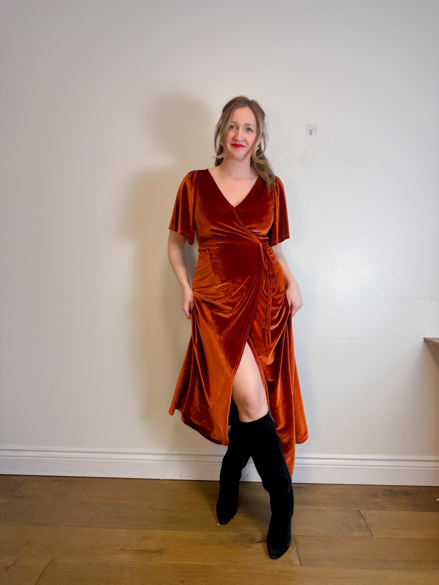 BALTIC BORN "Meghan Velvet Wrap Maxi Dress" in Rust (Size L)