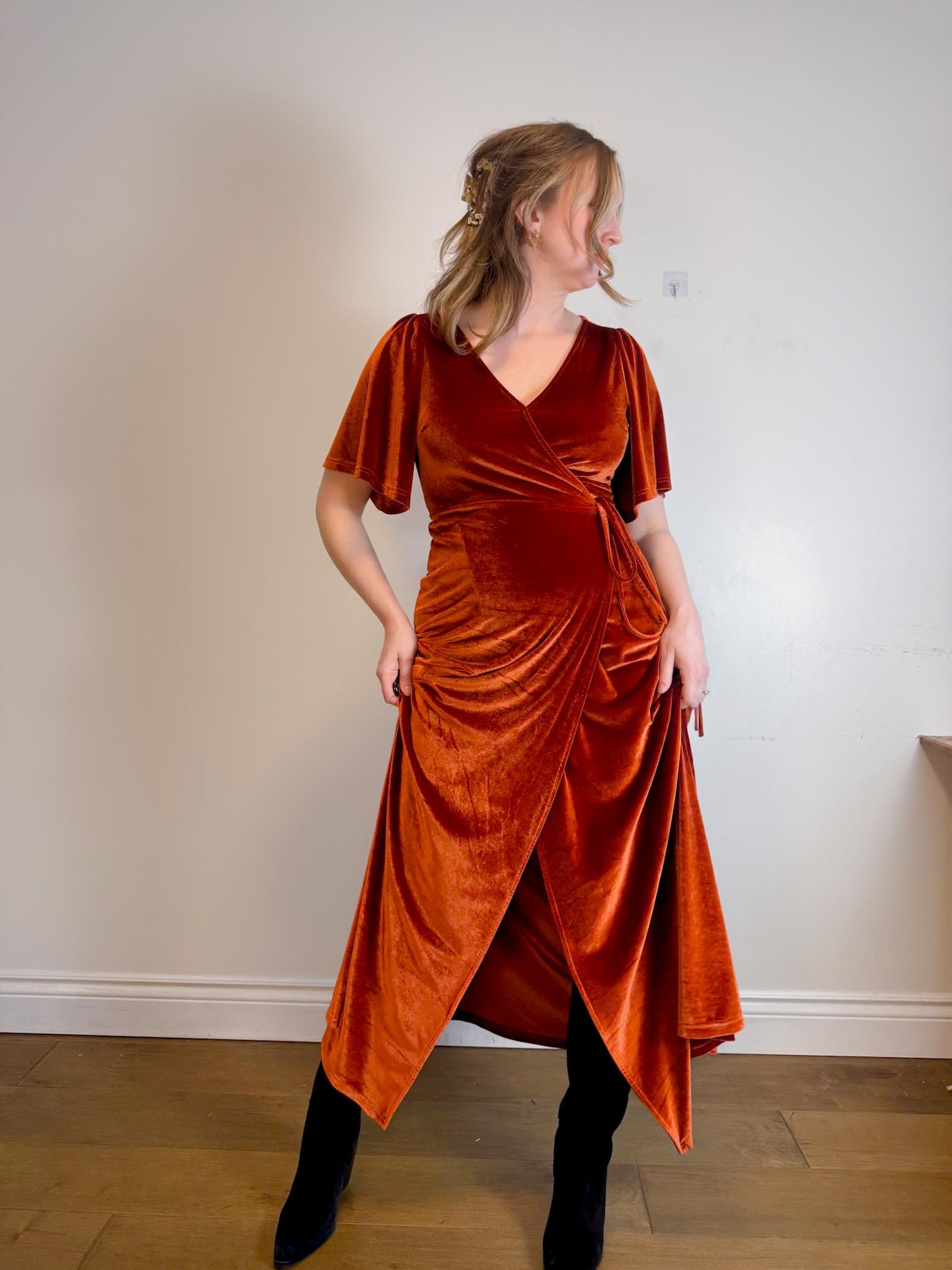 BALTIC BORN "Meghan Velvet Wrap Maxi Dress" in Rust (Size L)