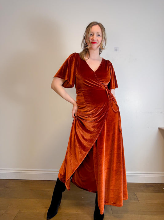 BALTIC BORN "Meghan Velvet Wrap Maxi Dress" in Rust (Size L)