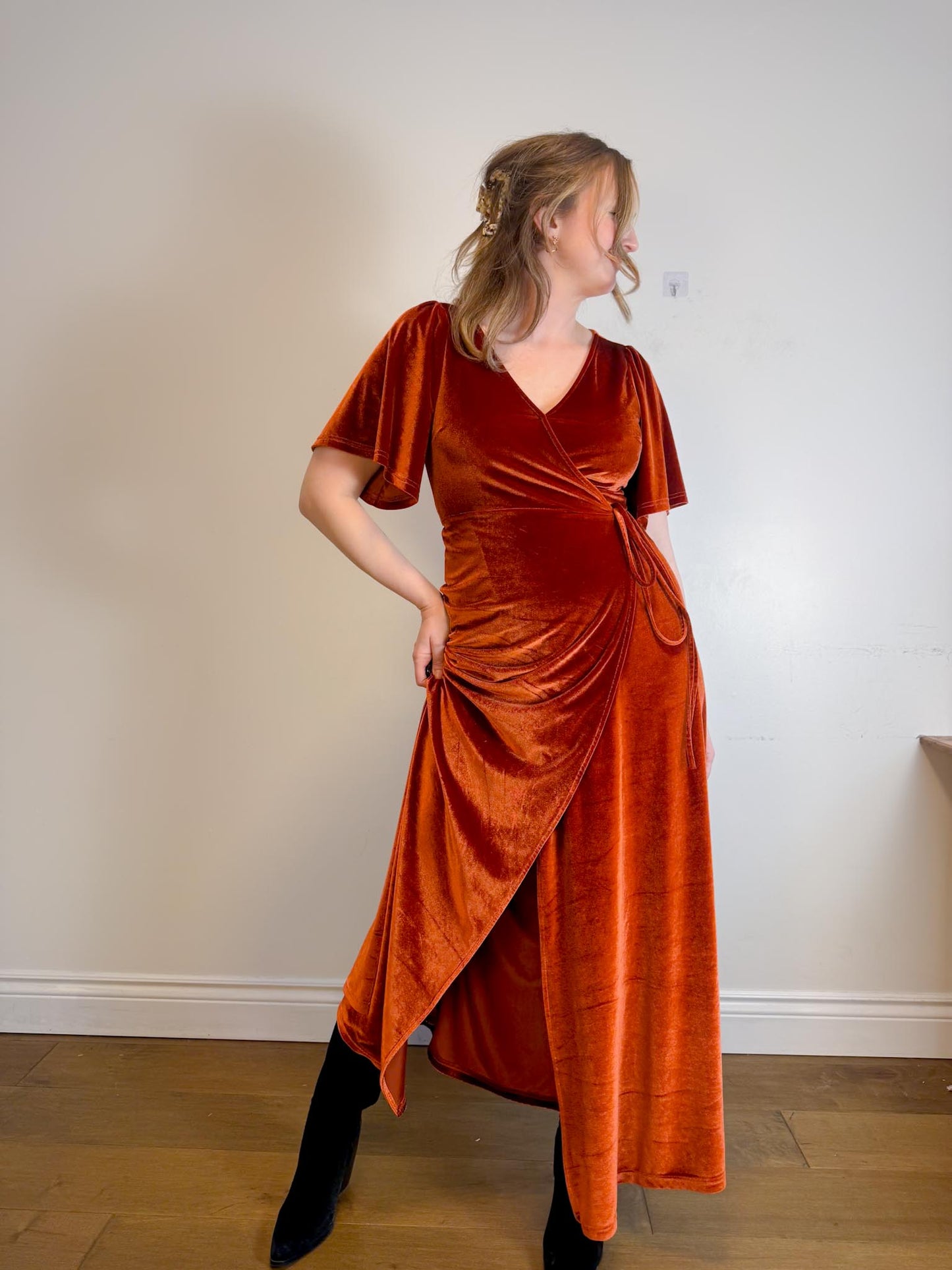 BALTIC BORN "Meghan Velvet Wrap Maxi Dress" in Rust (Size L)