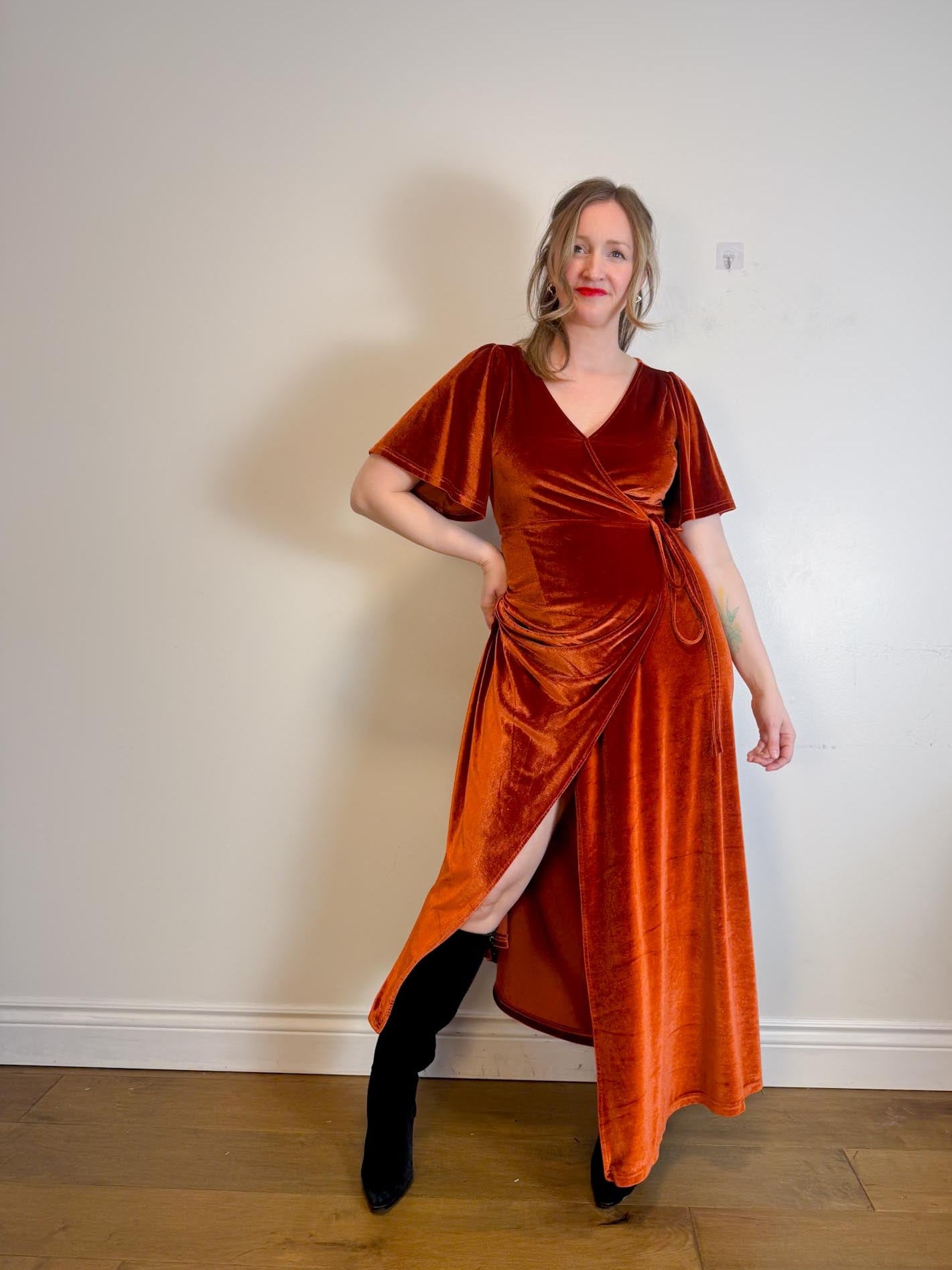BALTIC BORN "Meghan Velvet Wrap Maxi Dress" in Rust (Size L)
