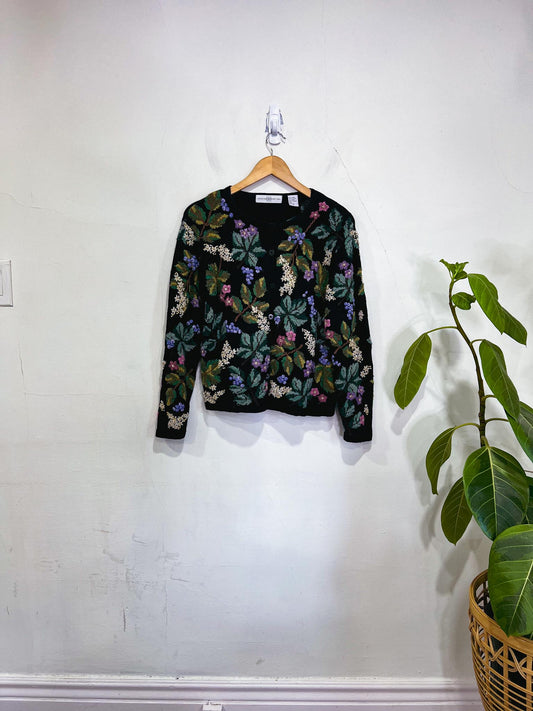 Vintage Floral Cardigan in Black (Size M)