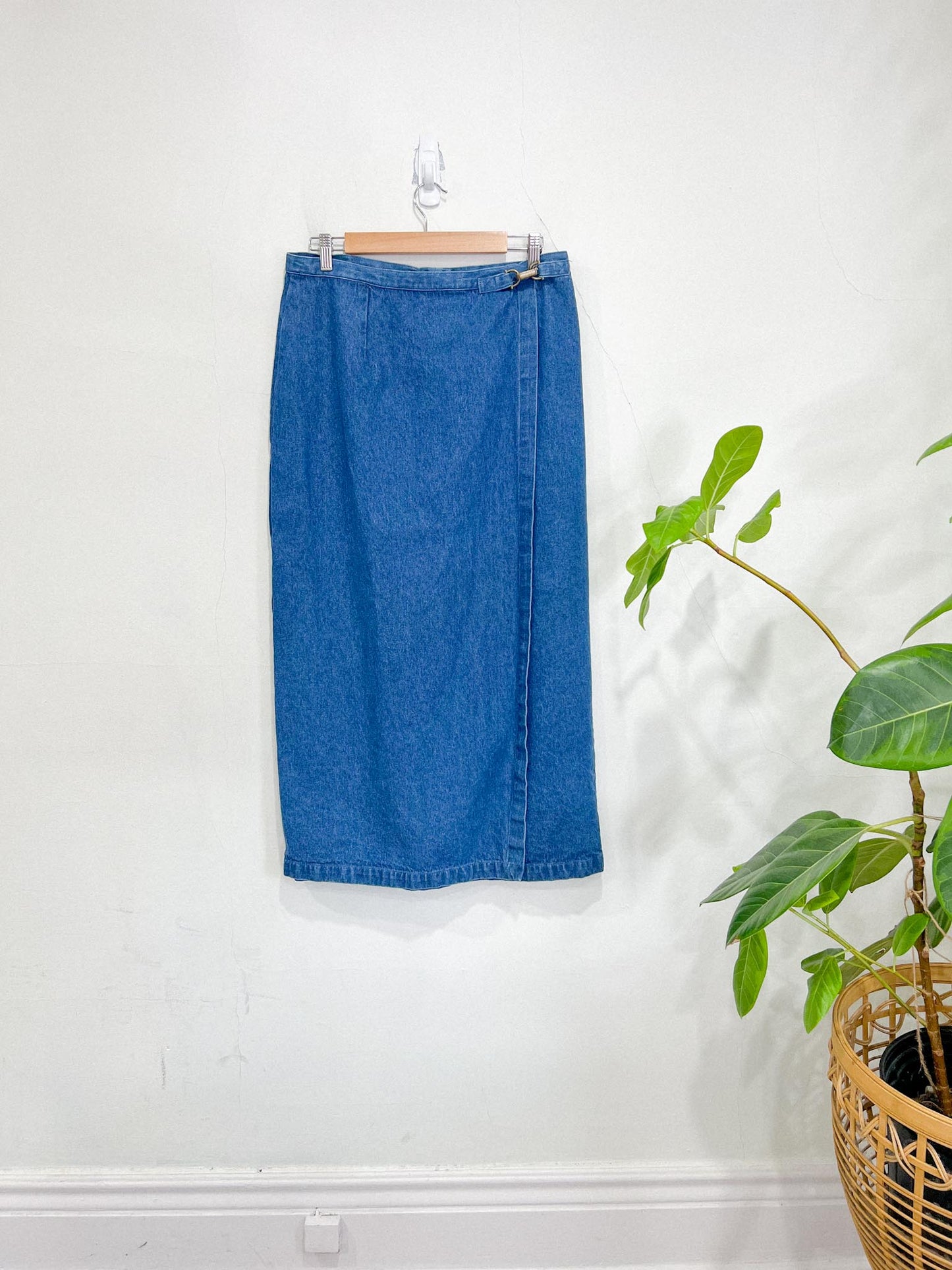 Vintage Denim Wrap Midi Skirt (Size L)