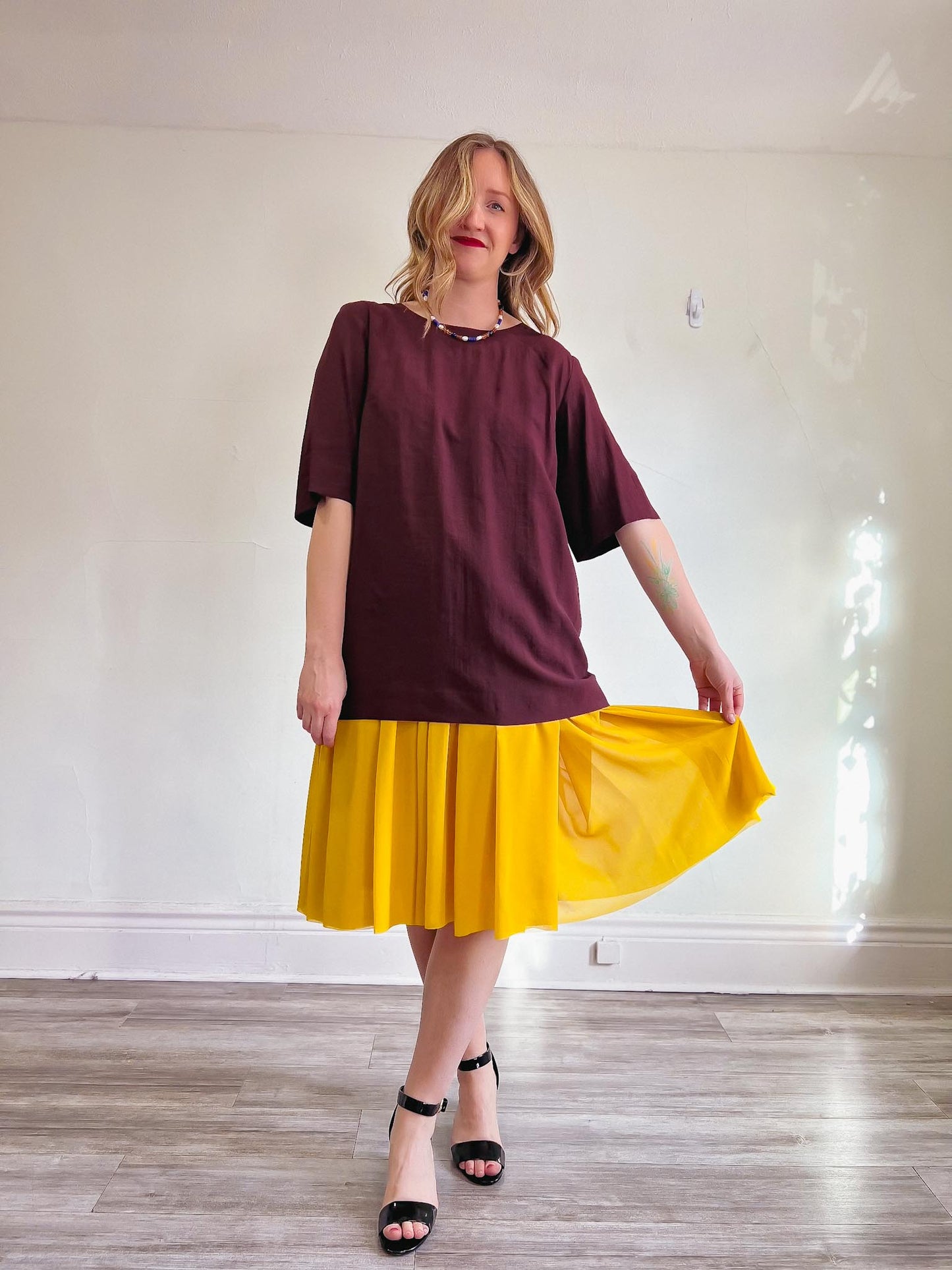 COS Maroon Oversized Dress with Yellow Chiffon Panel (Size L)