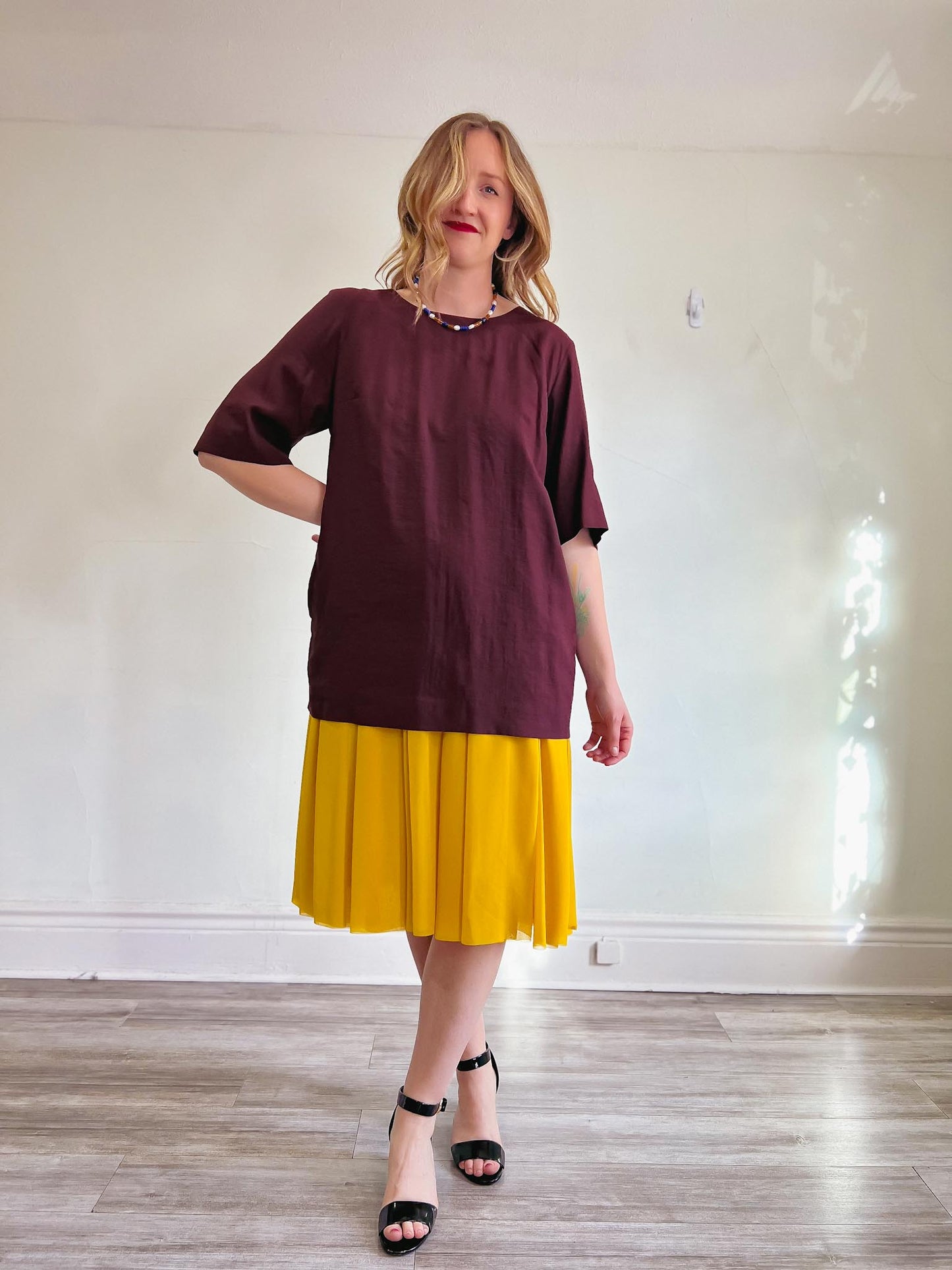 COS Maroon Oversized Dress with Yellow Chiffon Panel (Size L)