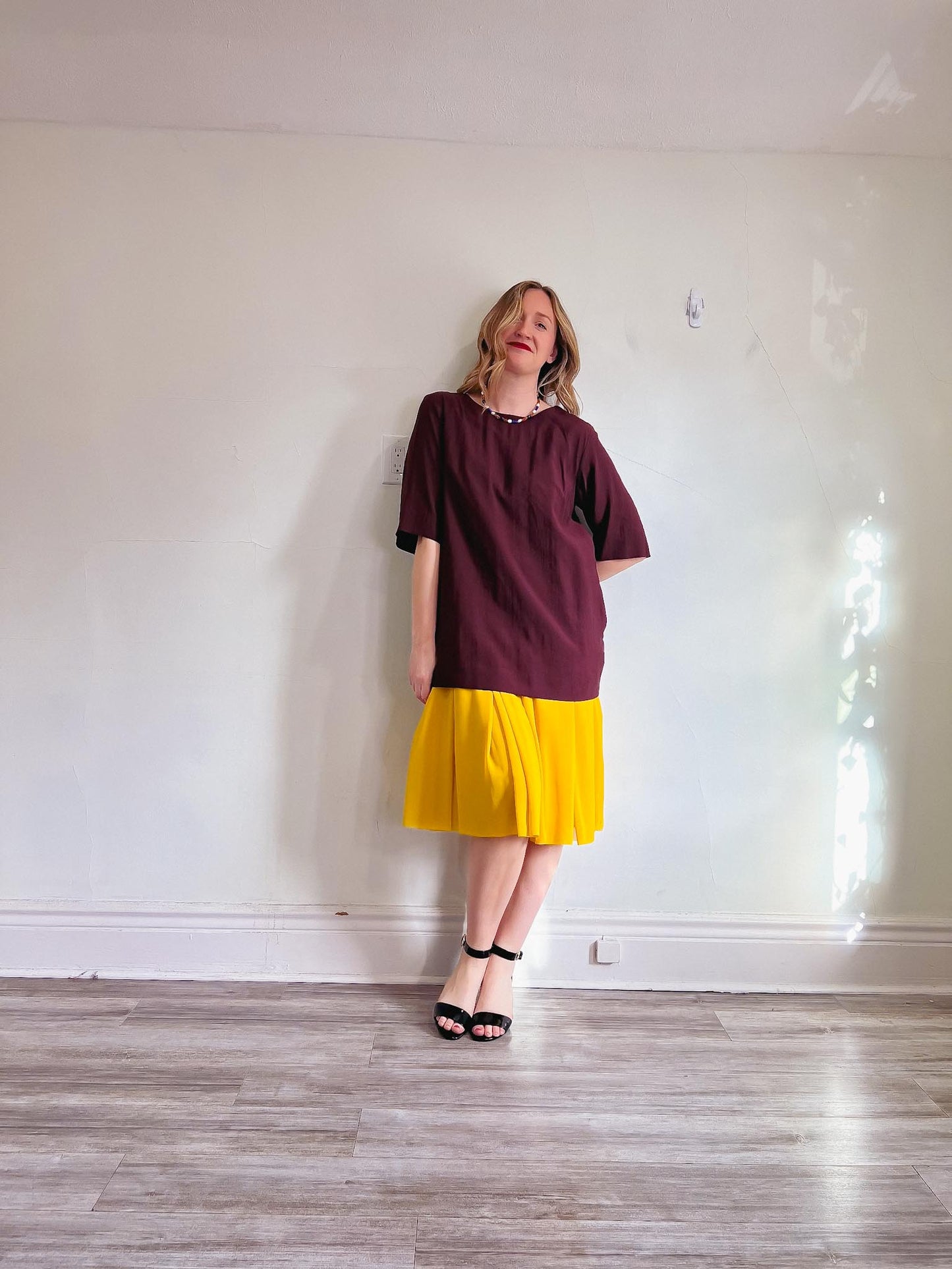 COS Maroon Oversized Dress with Yellow Chiffon Panel (Size L)