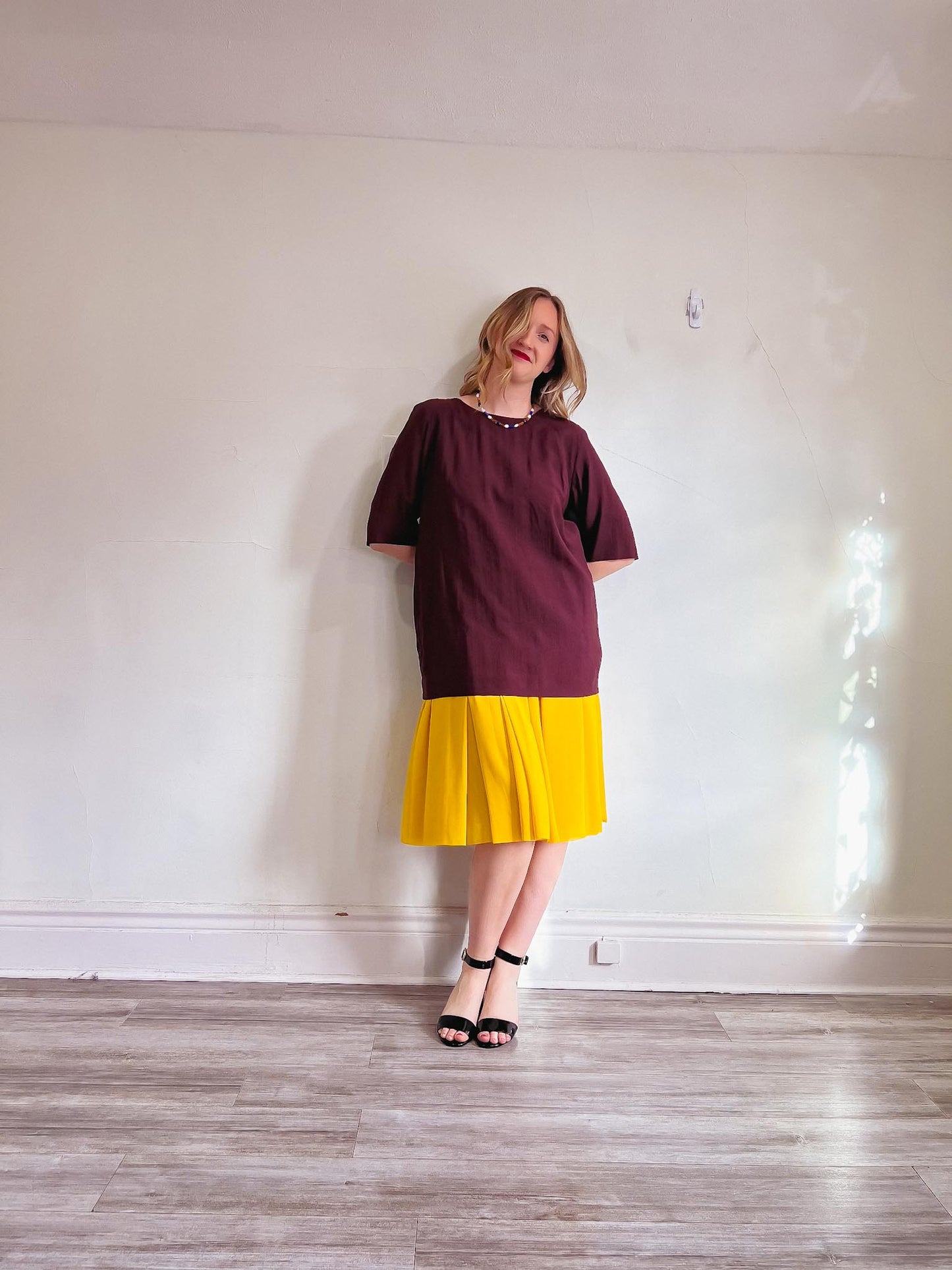 COS Maroon Oversized Dress with Yellow Chiffon Panel (Size L)