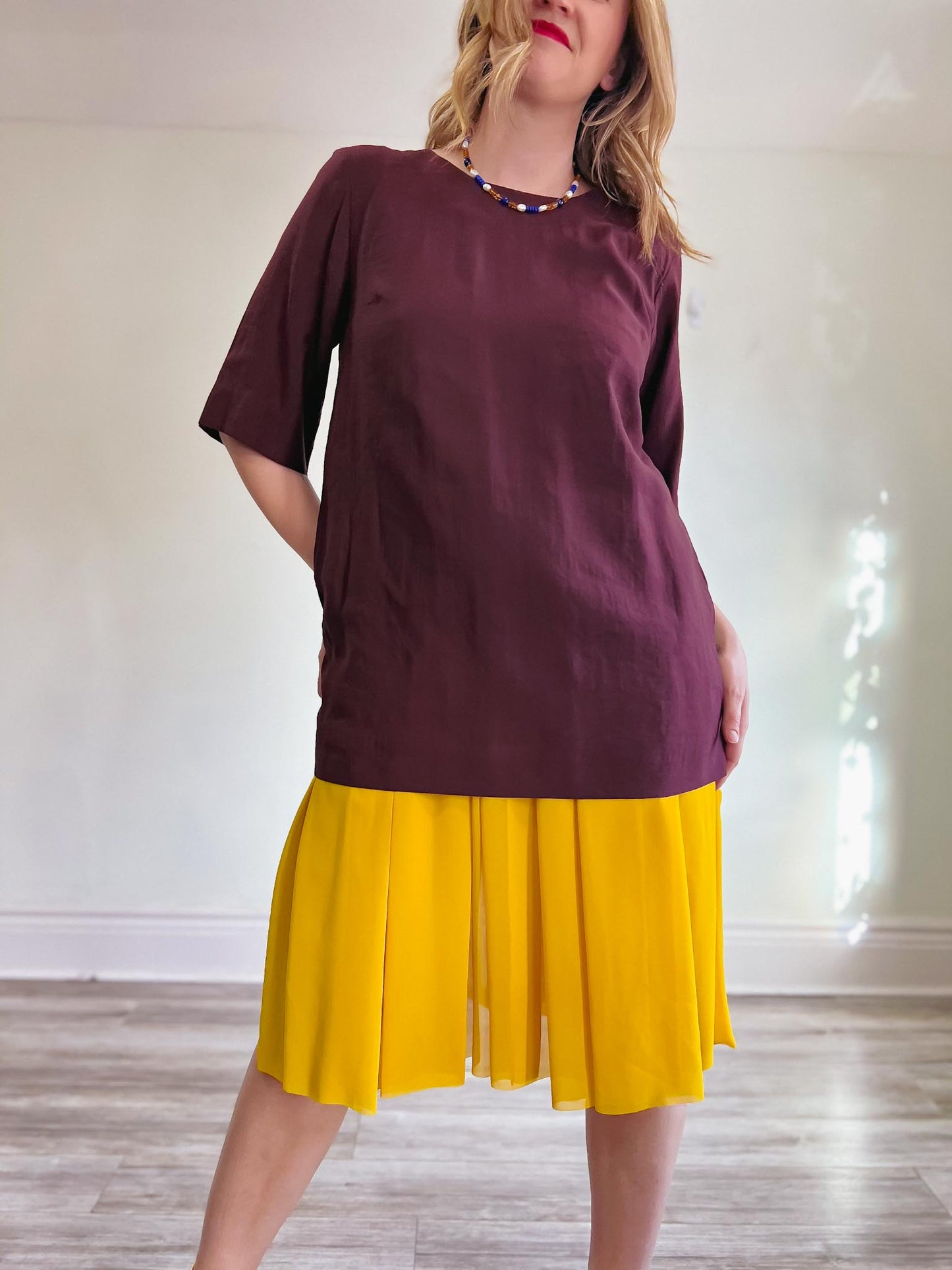 COS Maroon Oversized Dress with Yellow Chiffon Panel (Size L)