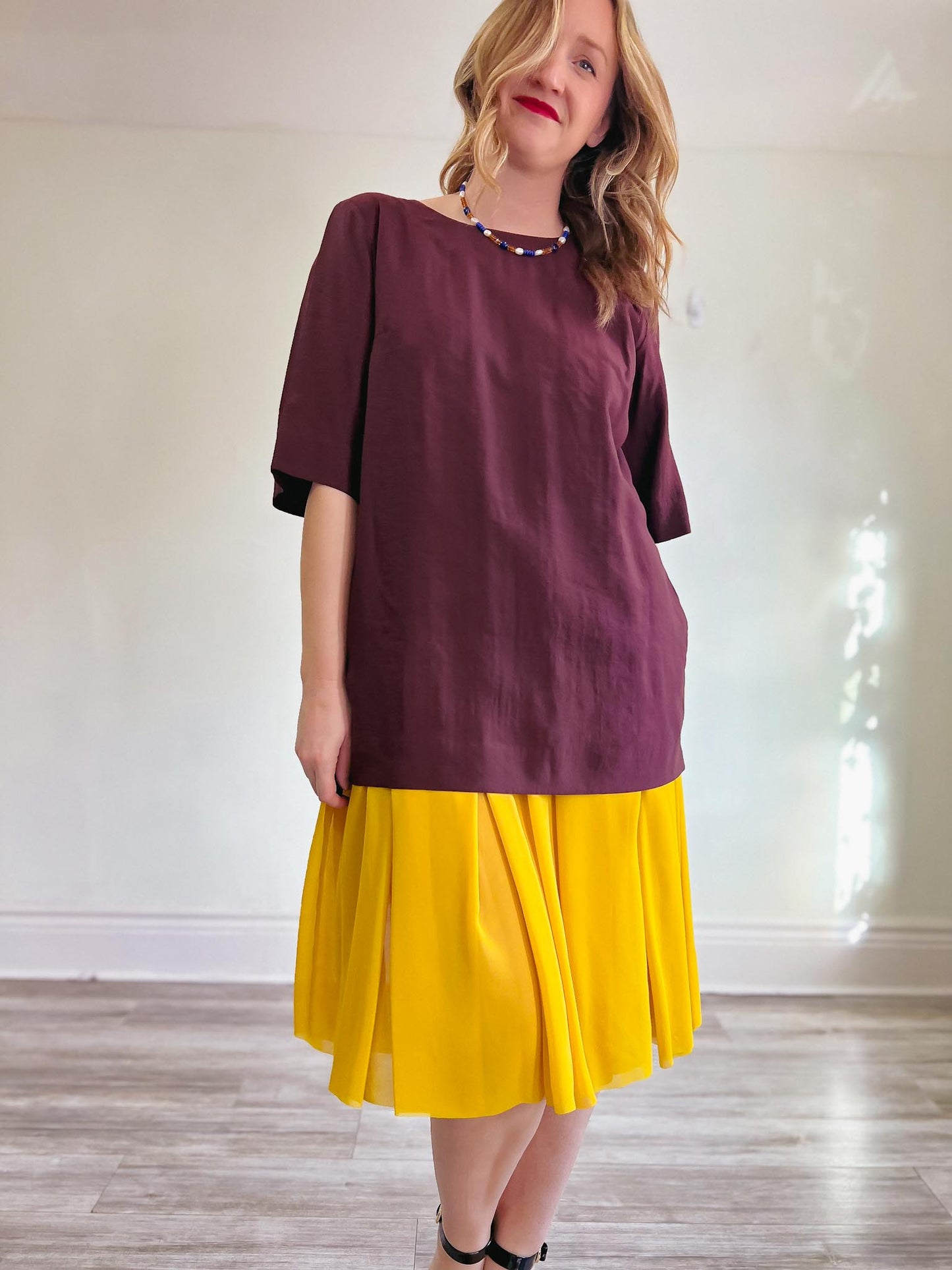 COS Maroon Oversized Dress with Yellow Chiffon Panel (Size L)