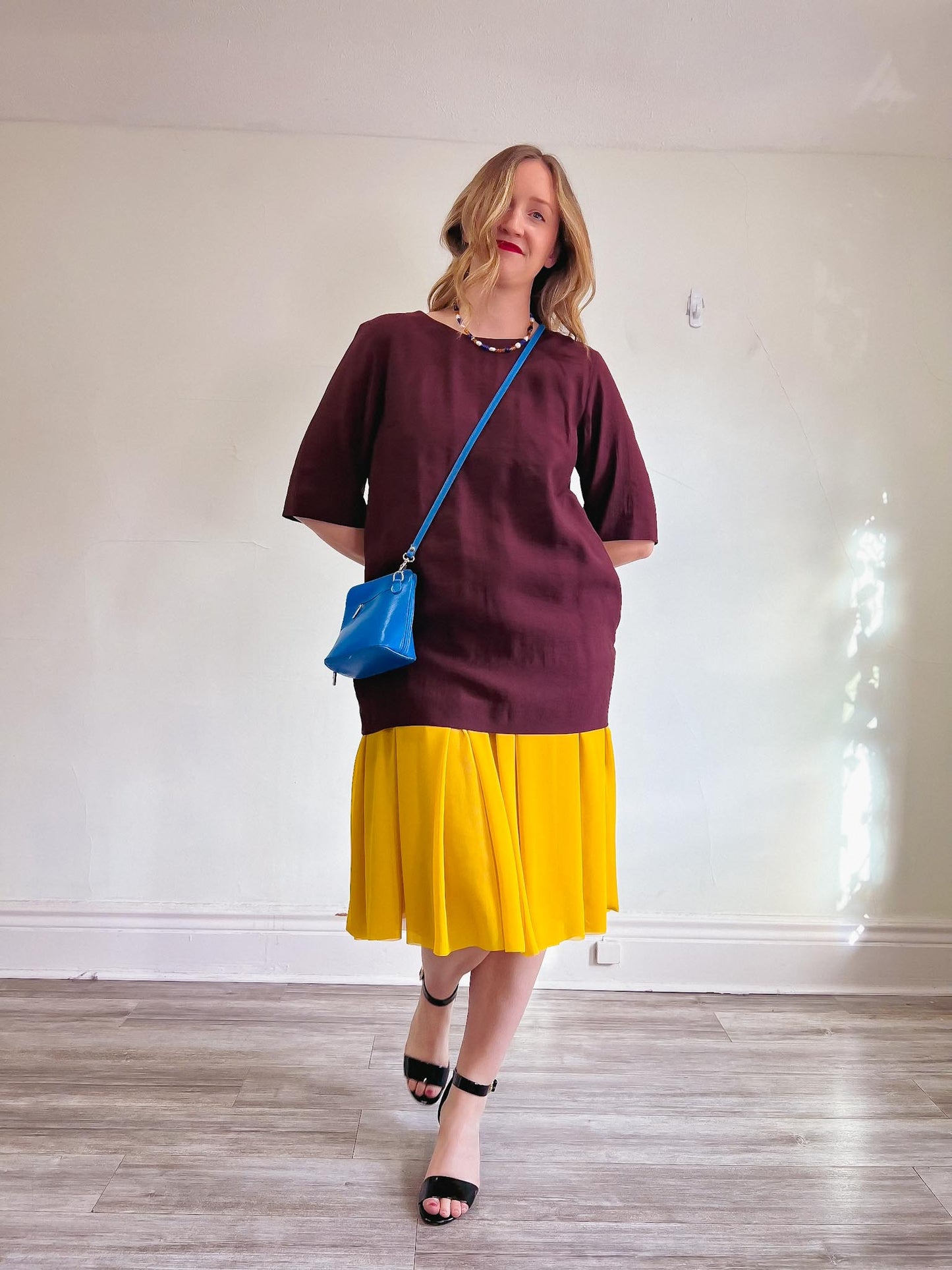 COS Maroon Oversized Dress with Yellow Chiffon Panel (Size L)