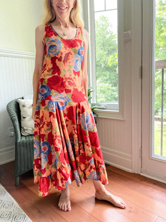 Vintage Floral Midi Dress with Draped Skirt (Size S/M)