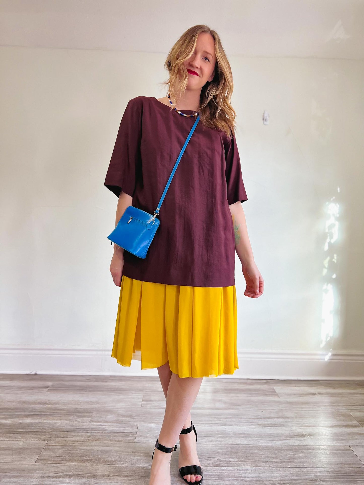 COS Maroon Oversized Dress with Yellow Chiffon Panel (Size L)