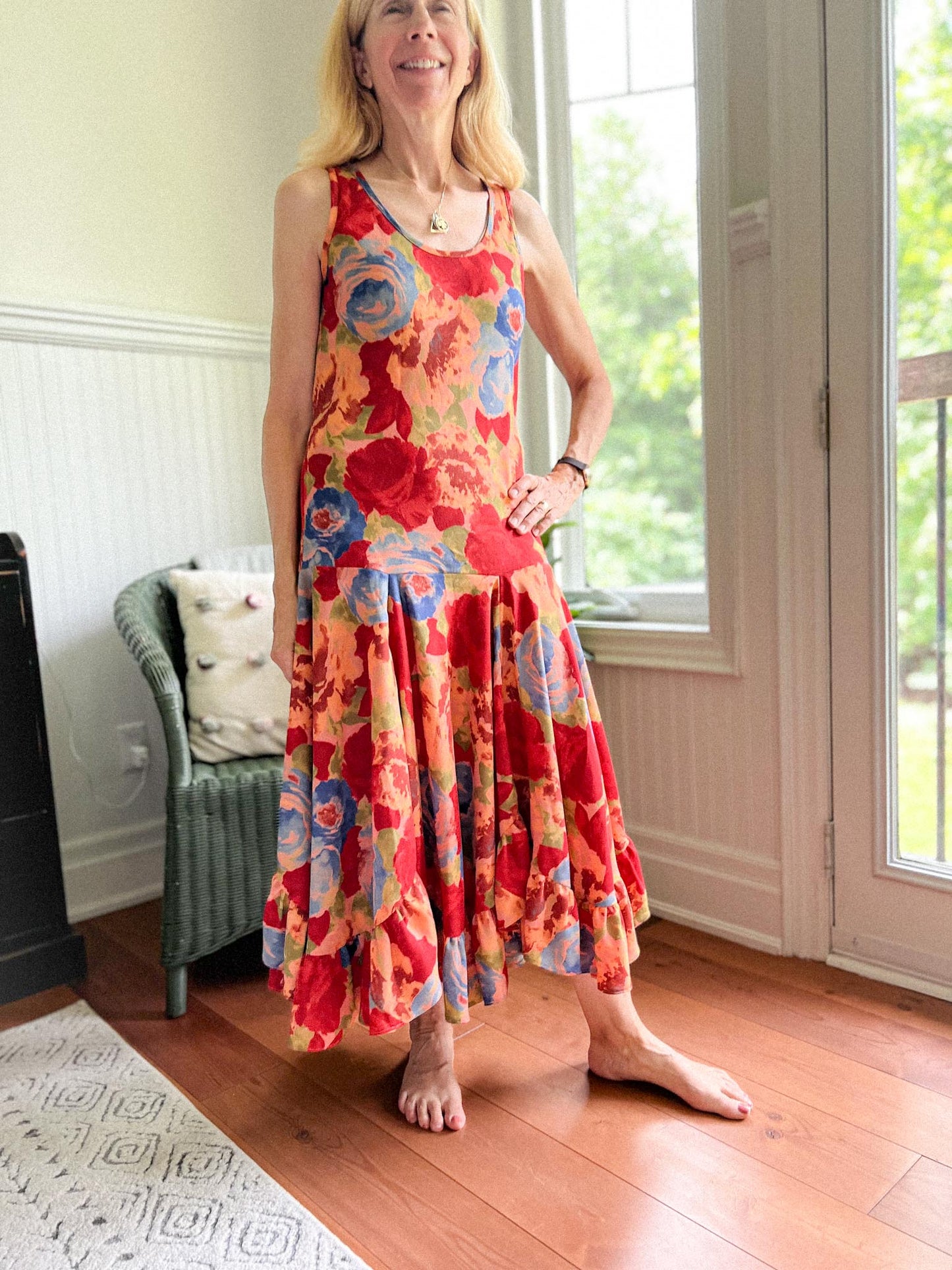 Vintage Floral Midi Dress with Draped Skirt (Size S/M)