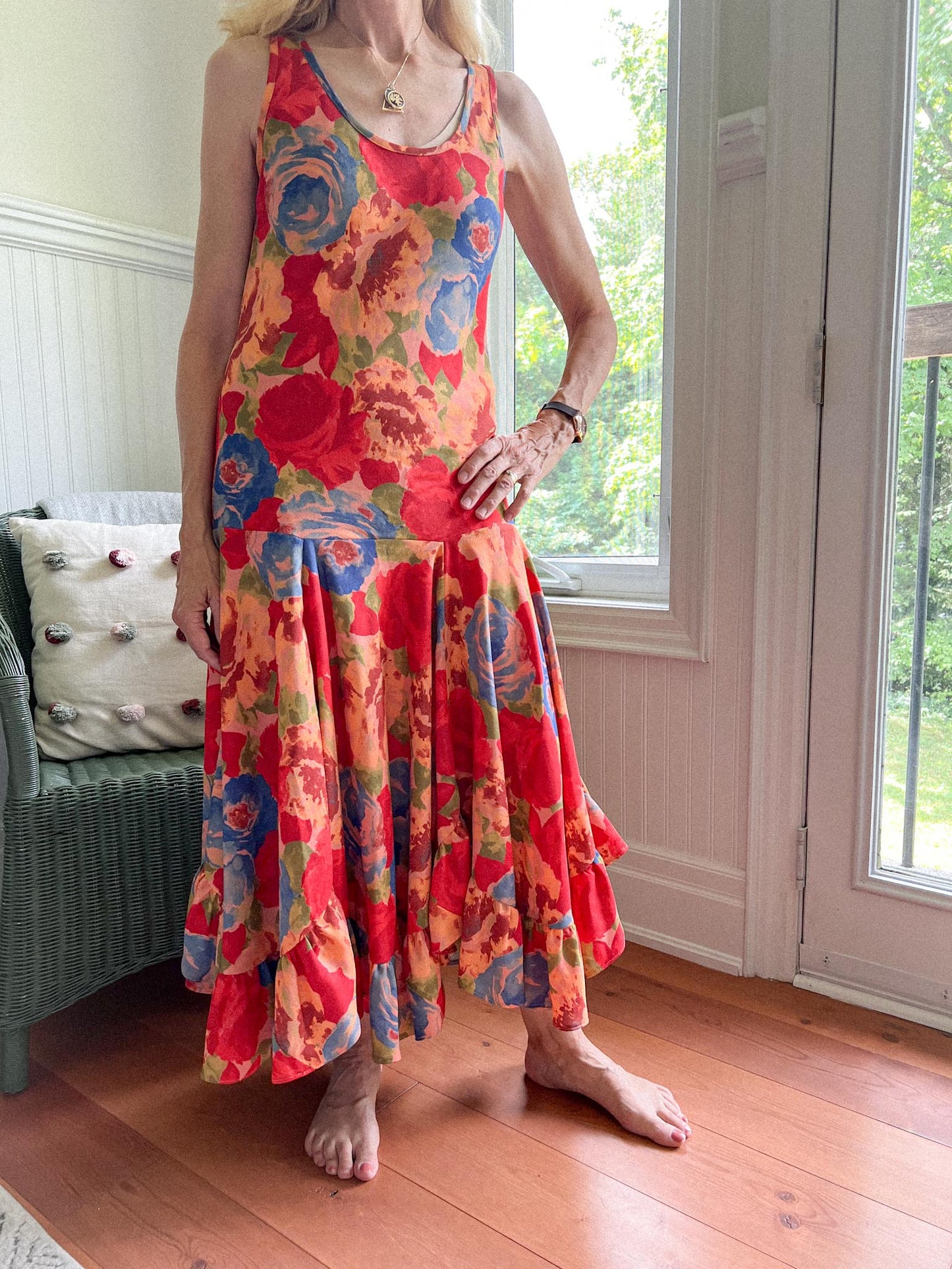 Vintage Floral Midi Dress with Draped Skirt (Size S/M)