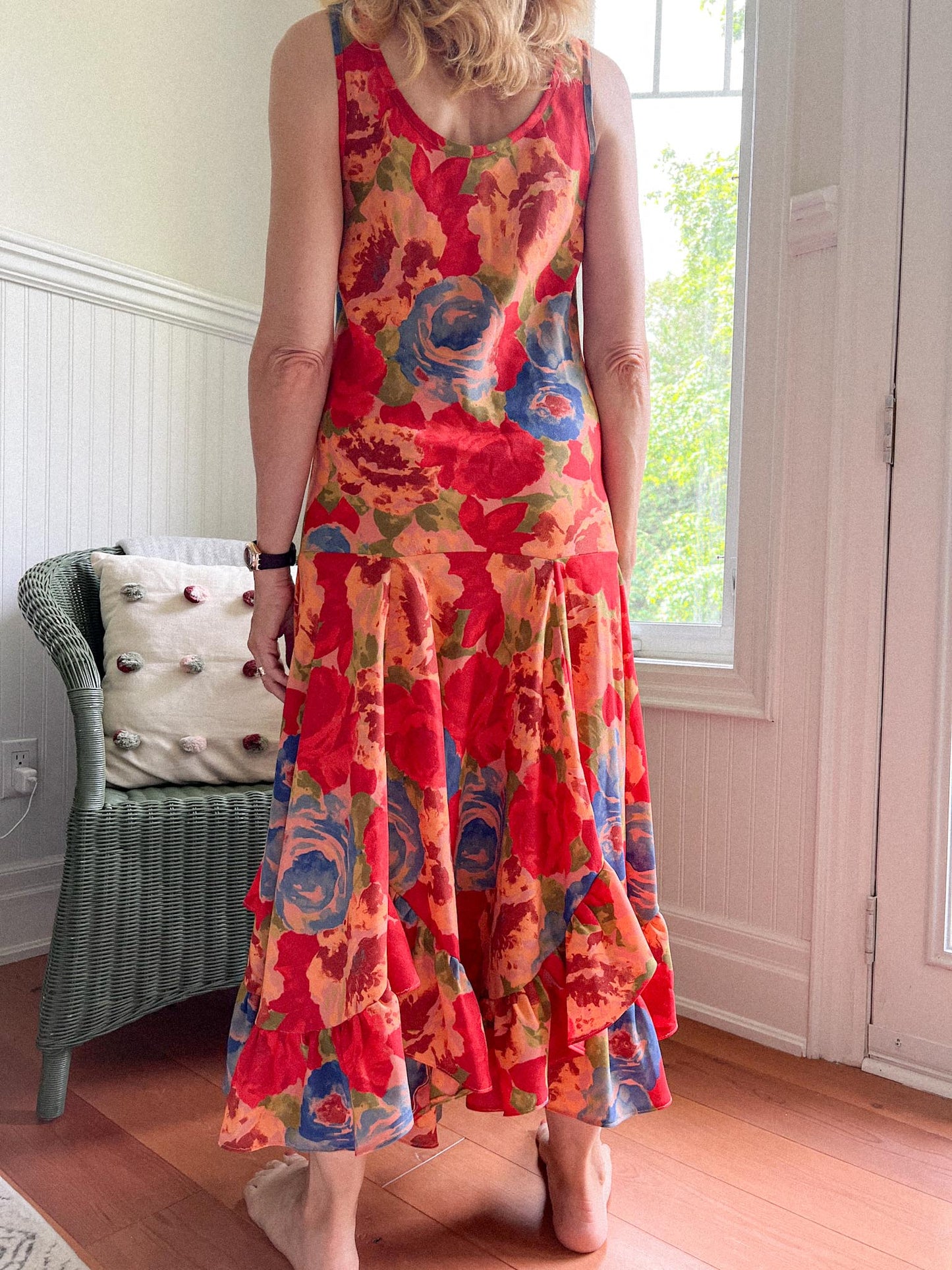 Vintage Floral Midi Dress with Draped Skirt (Size S/M)