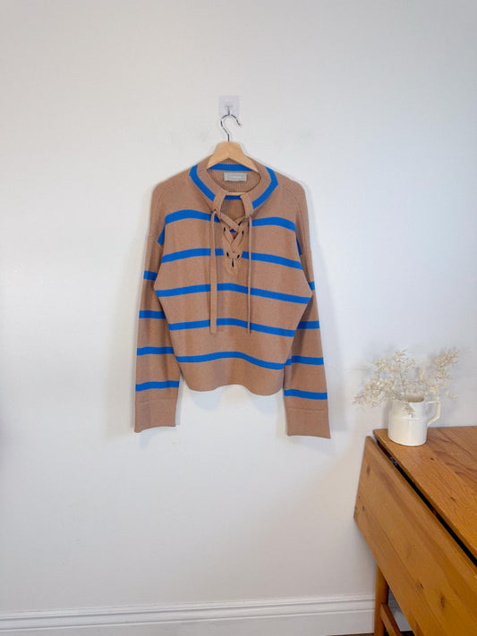 Everlane "The Lace-Up Smock Sweater in Blue/Brown Stripe" (Size M)