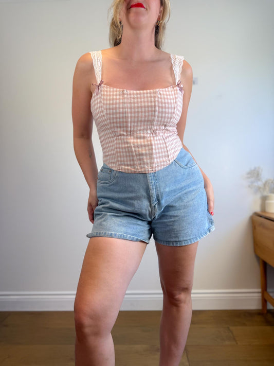 Reformation "Brigitta Corset Top in Pink Gingham" (Size 12)