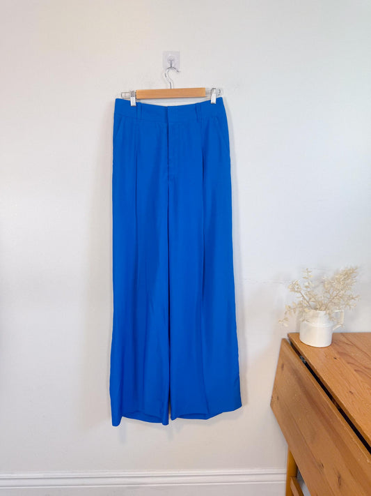 SMYTHE Designer Pleated Wide Leg Trousers in Aegean Blue (Size S/M)