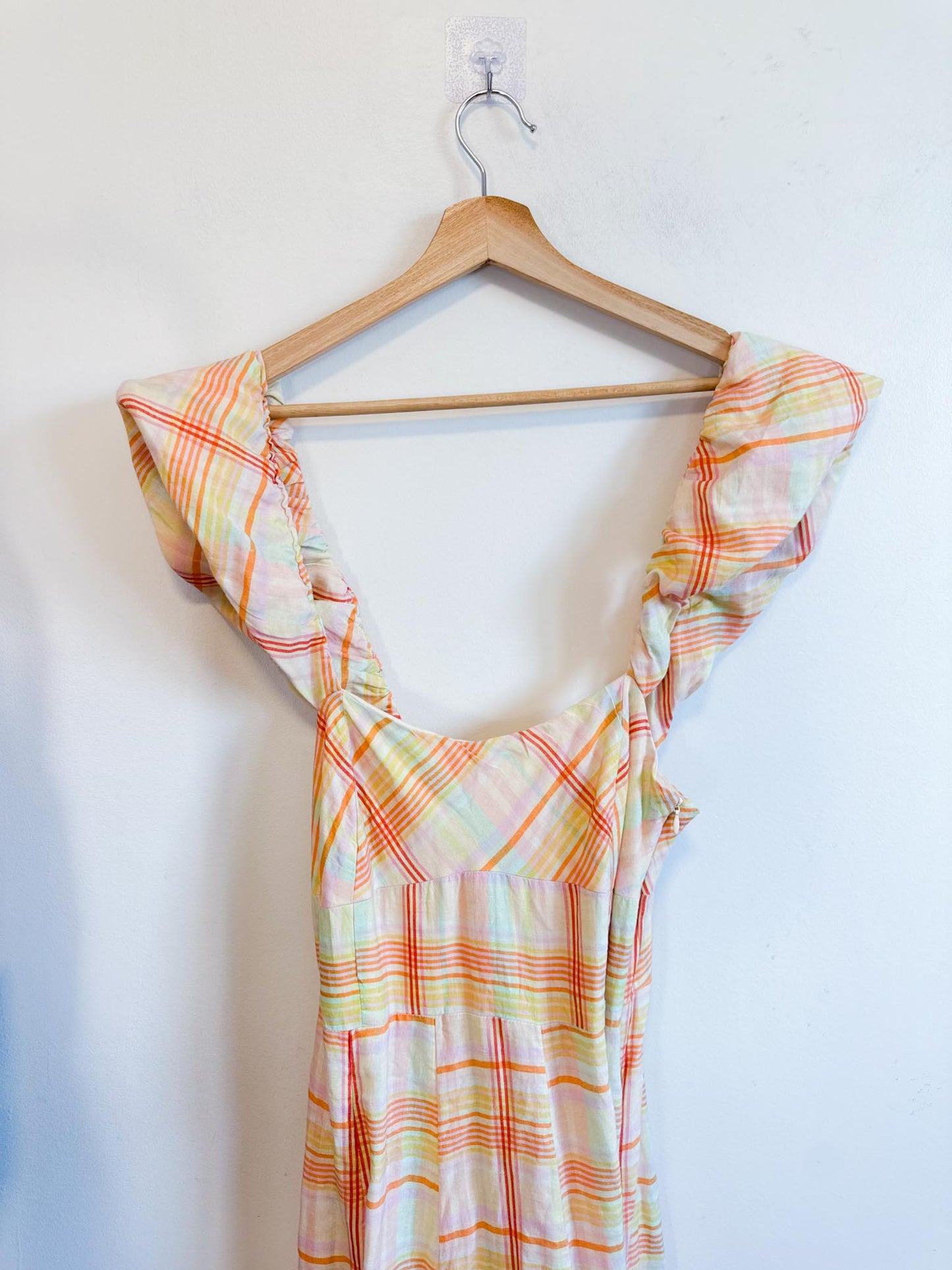 Anthropologie "Maeve Linen Blend Flutter-Sleeve A-Line Midi Dress in Pastel Plaid" (Size S)