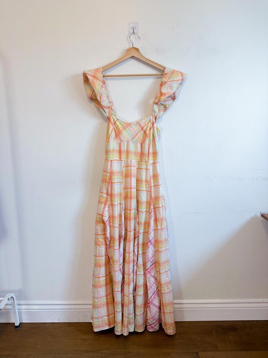 Anthropologie "Maeve Linen Blend Flutter-Sleeve A-Line Midi Dress in Pastel Plaid" (Size S)