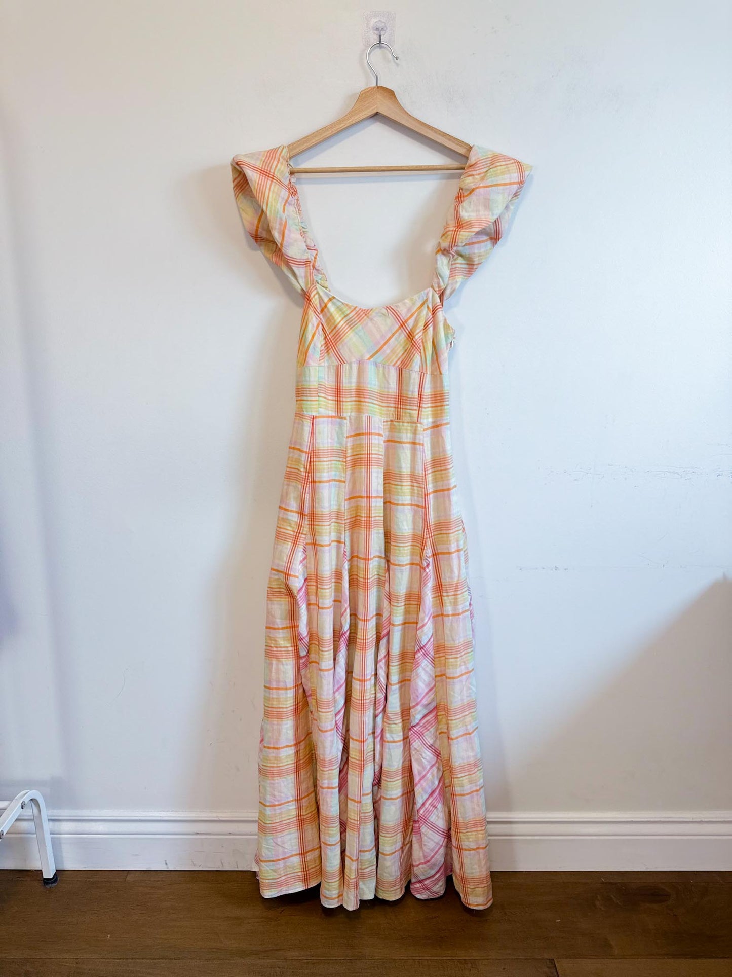 Anthropologie "Maeve Linen Blend Flutter-Sleeve A-Line Midi Dress in Pastel Plaid" (Size S)