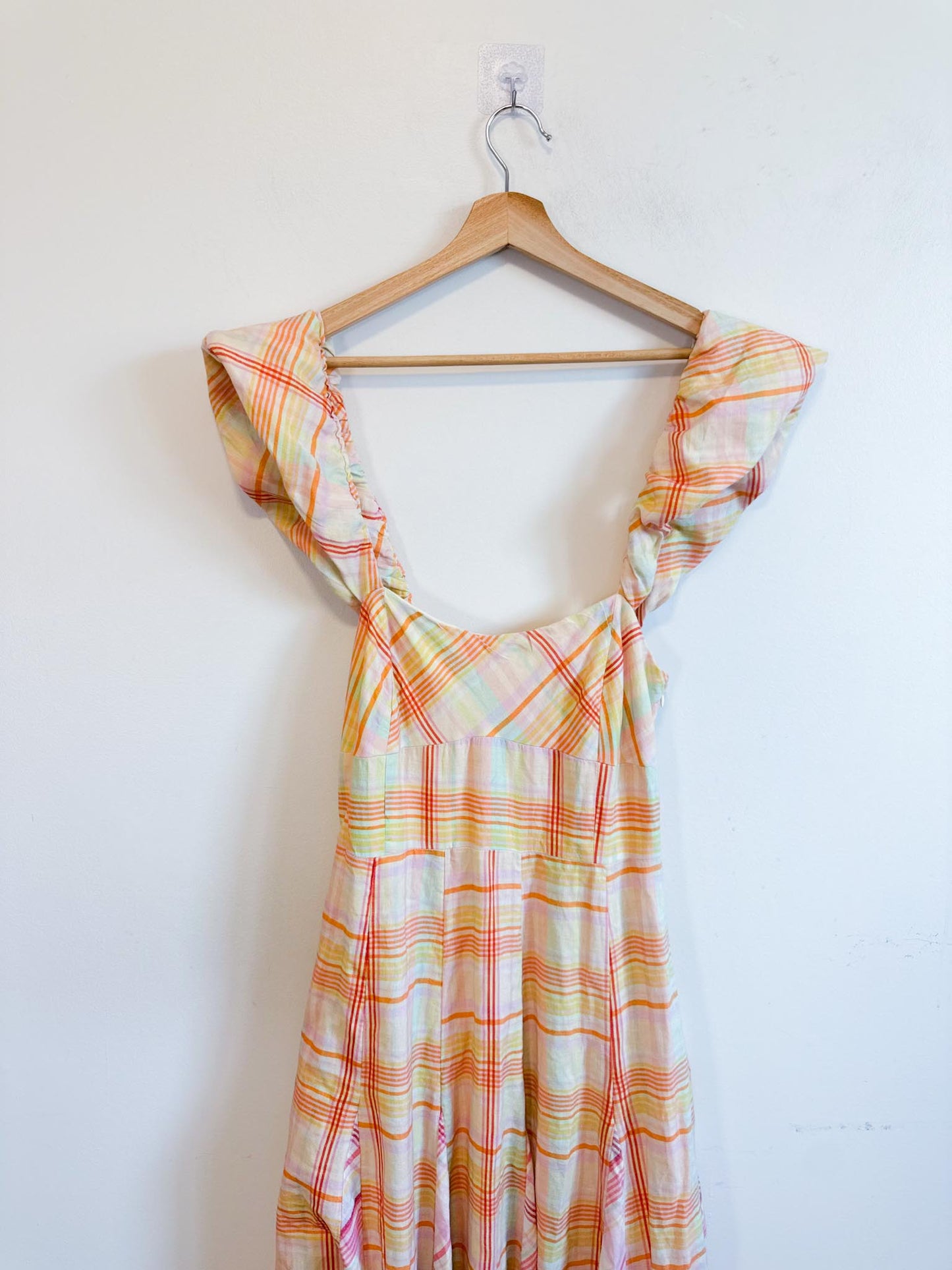 Anthropologie "Maeve Linen Blend Flutter-Sleeve A-Line Midi Dress in Pastel Plaid" (Size S)