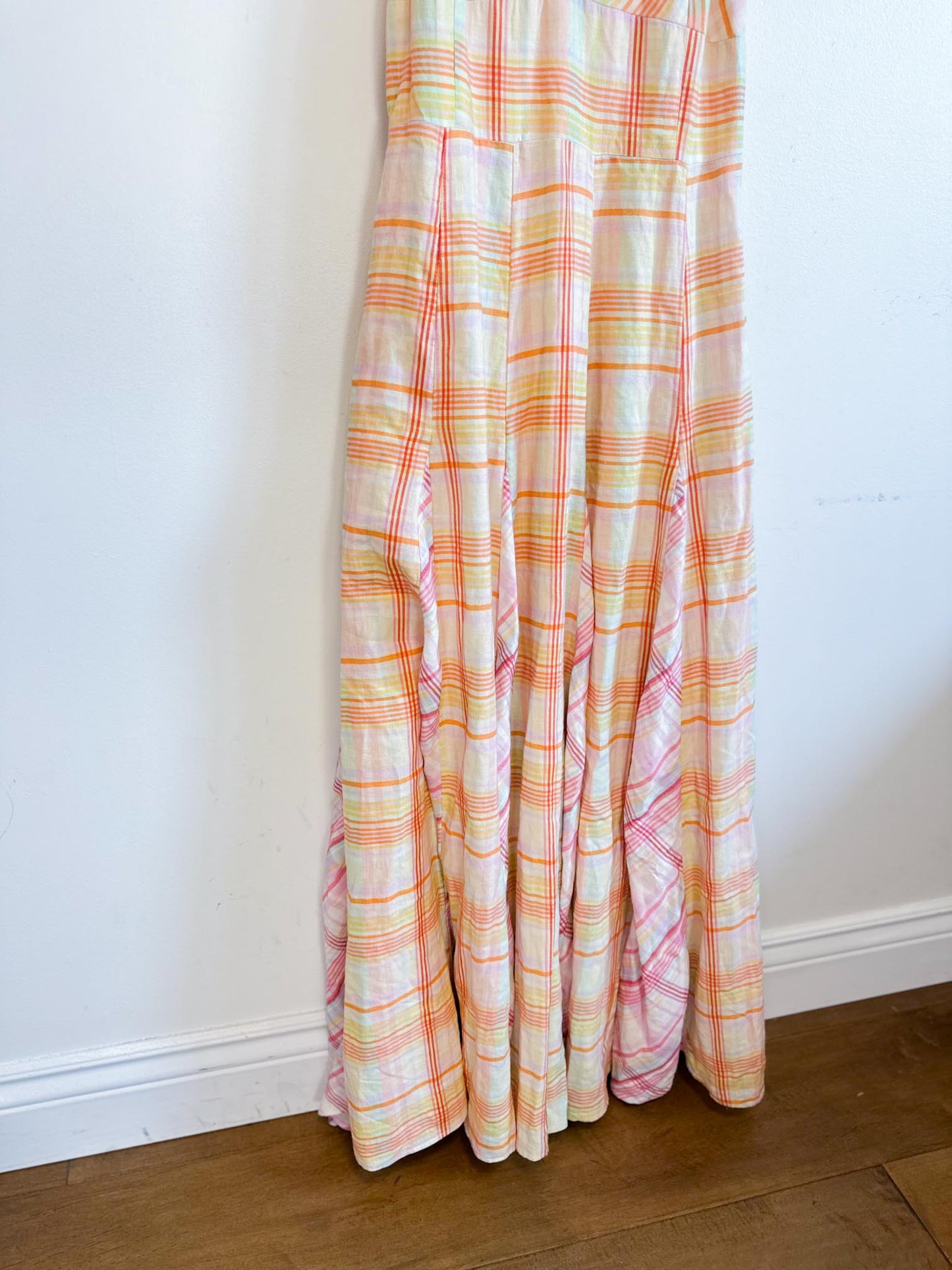 Anthropologie "Maeve Linen Blend Flutter-Sleeve A-Line Midi Dress in Pastel Plaid" (Size S)