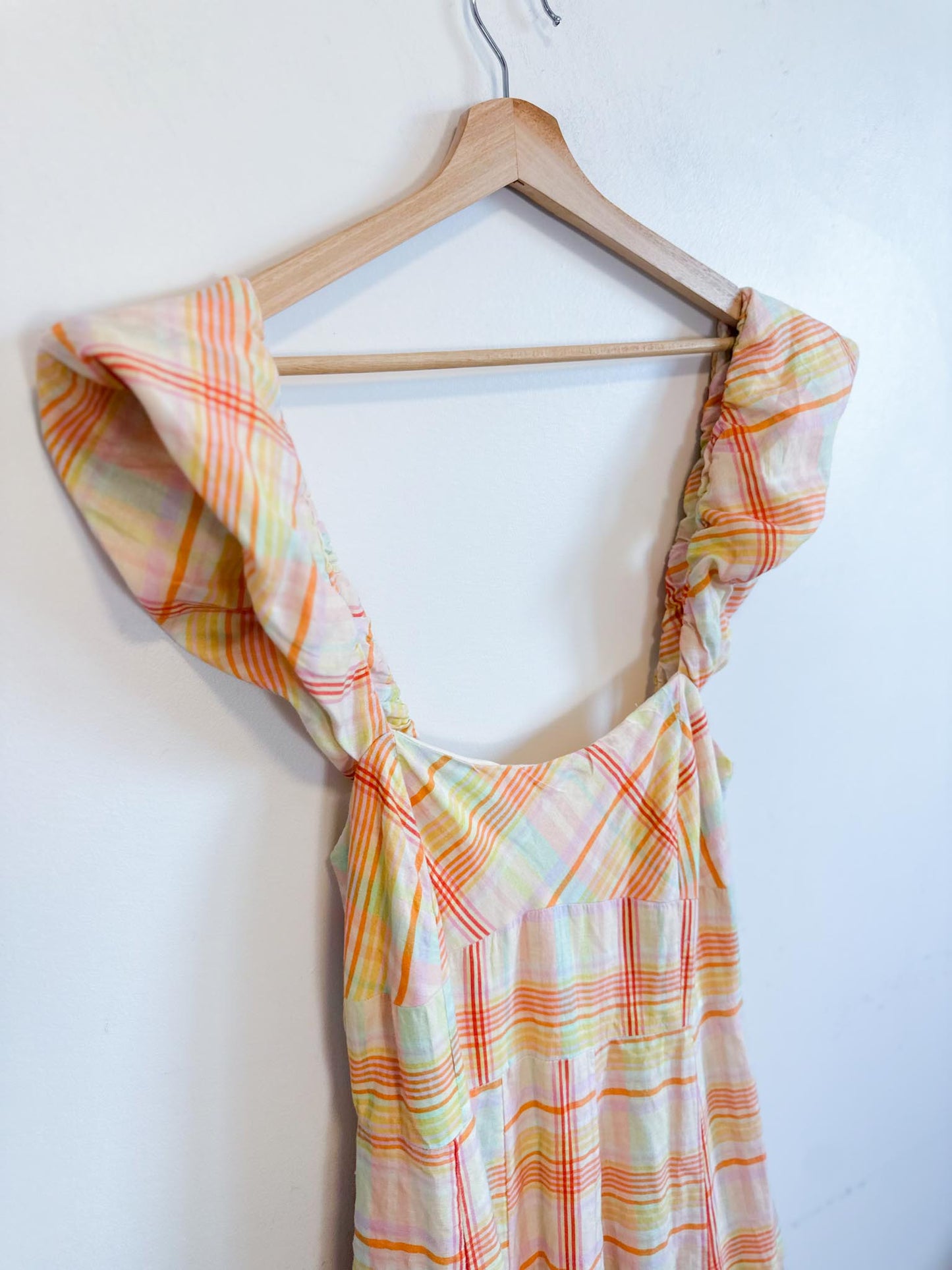 Anthropologie "Maeve Linen Blend Flutter-Sleeve A-Line Midi Dress in Pastel Plaid" (Size S)