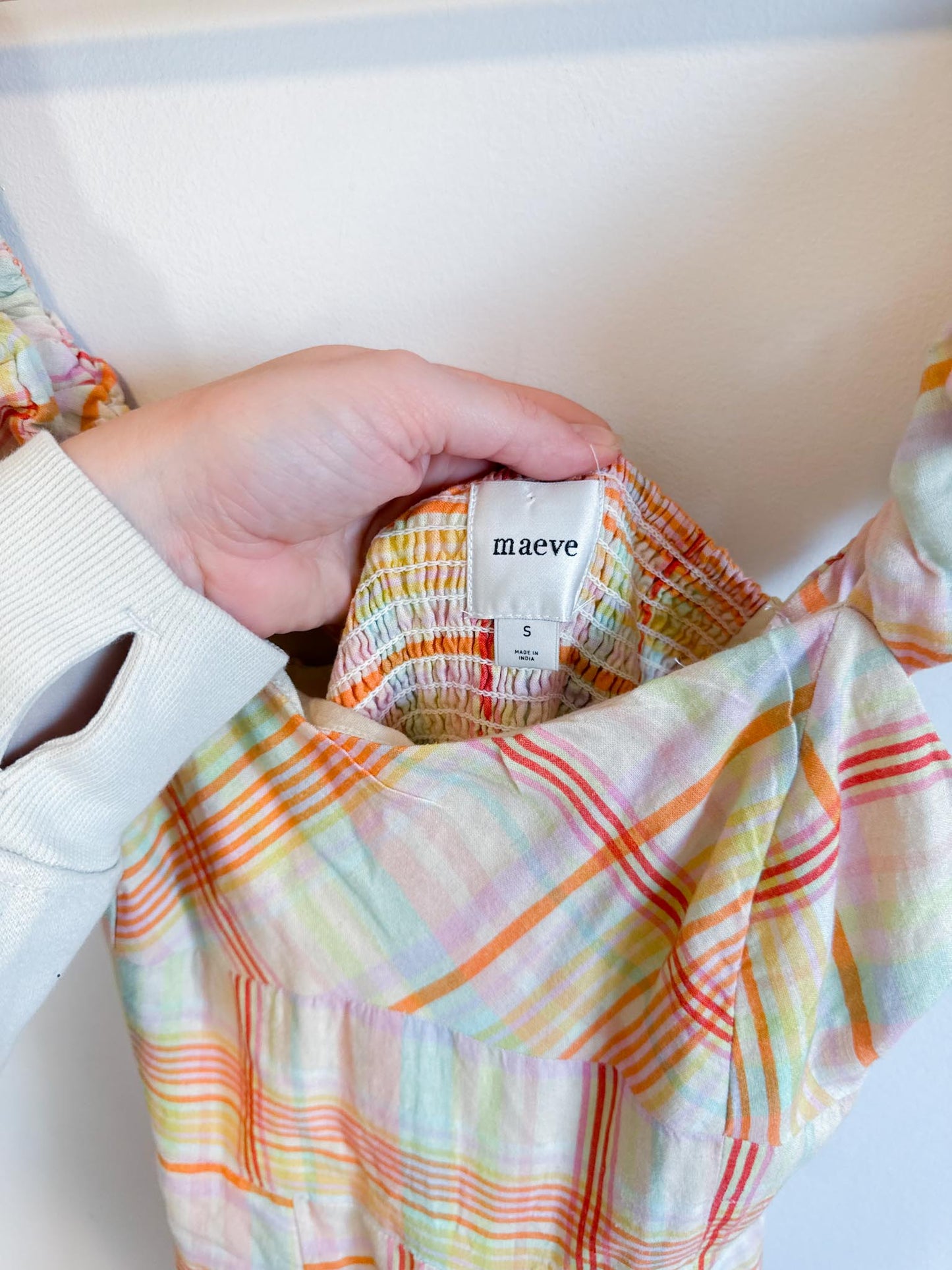 Anthropologie "Maeve Linen Blend Flutter-Sleeve A-Line Midi Dress in Pastel Plaid" (Size S)