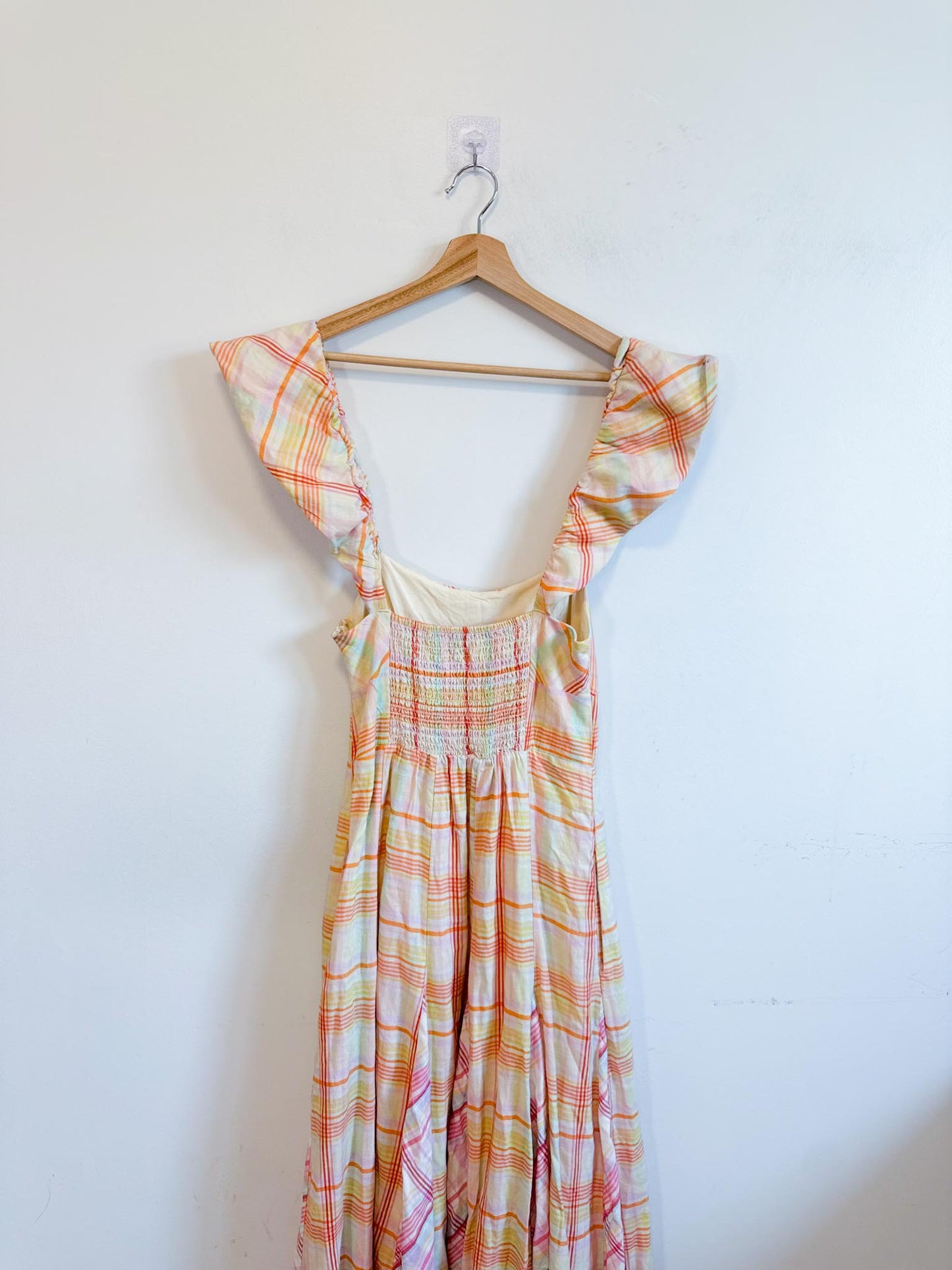Anthropologie "Maeve Linen Blend Flutter-Sleeve A-Line Midi Dress in Pastel Plaid" (Size S)