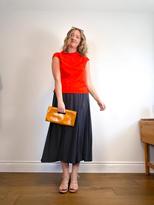 Vintage Aquascutum of London Polka Dot Midi Skirt in Navy/White (Size L)