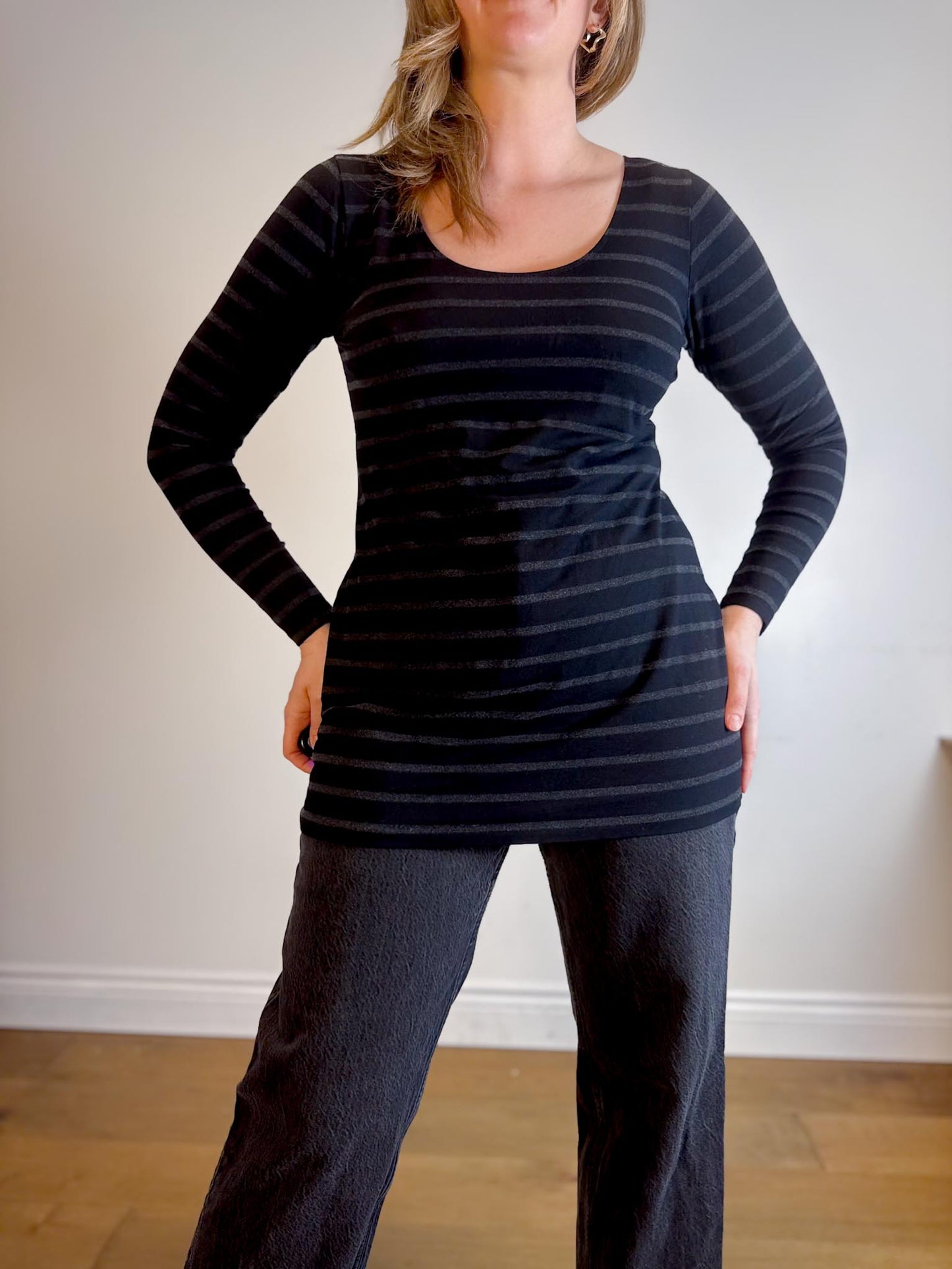 MiiK Slow Fashion Long Sleeve Top in Black Grey Stripe (Size XL)