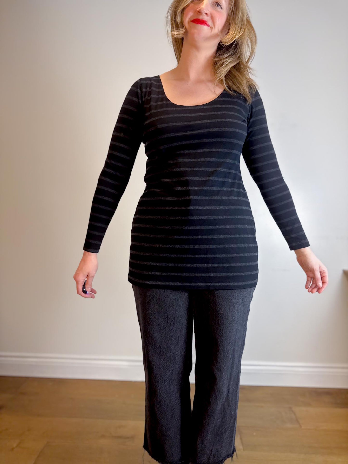 MiiK Slow Fashion Long Sleeve Top in Black Grey Stripe (Size XL)
