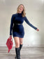 Reformation Long Sleeve Mock Neck Ribbed Mini Dress in Navy (Size