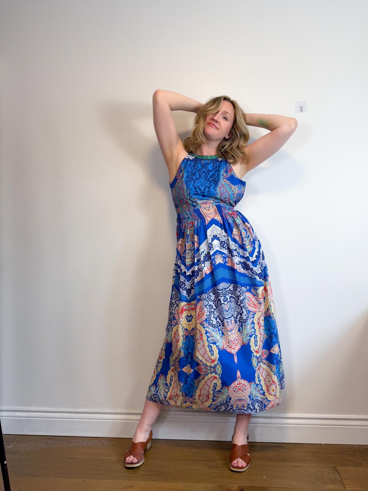 RANNA GILL Embroidered Halter Midi Dress (Size S)