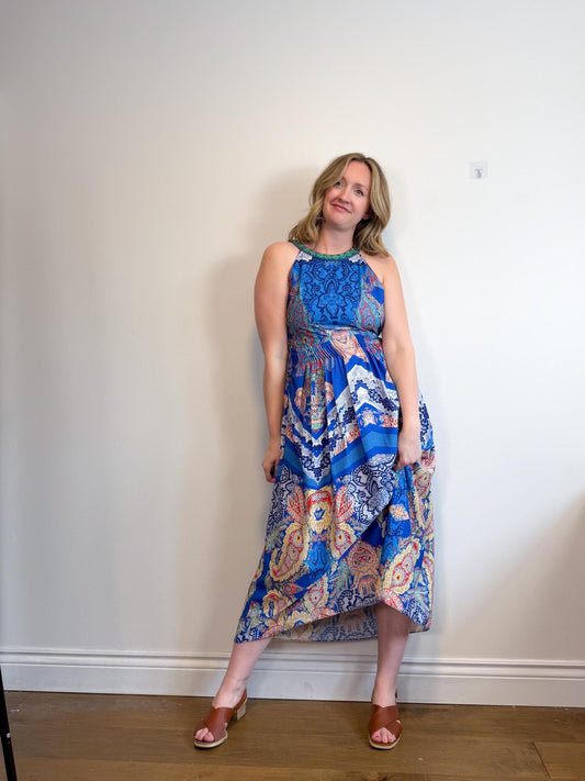 RANNA GILL Embroidered Halter Midi Dress (Size S)