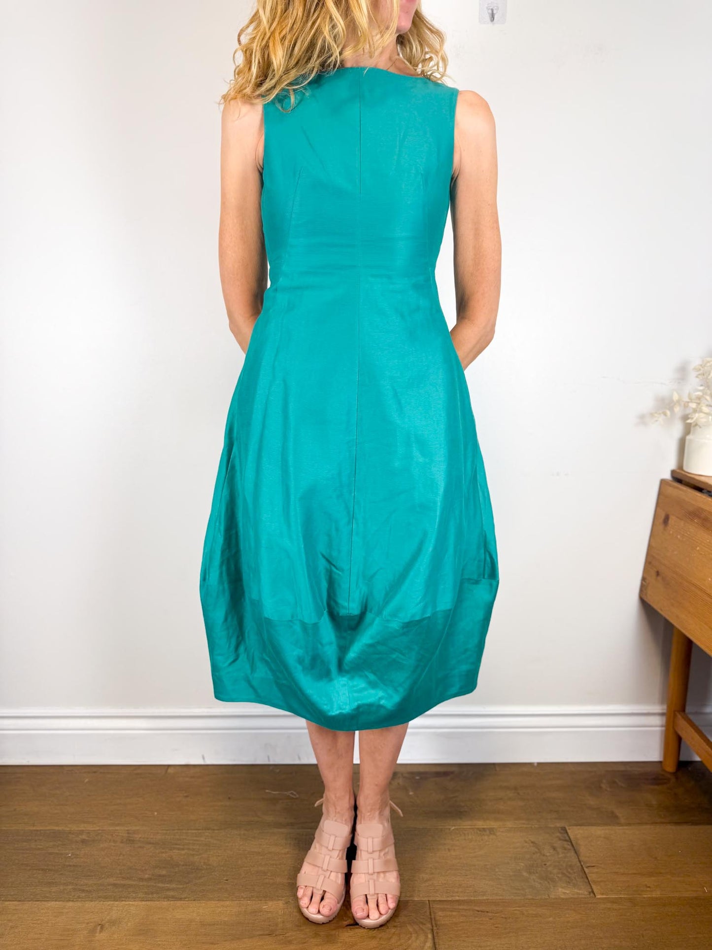 COS Silk Sleeveless Bubble Midi Dress in Teal (Size XS)