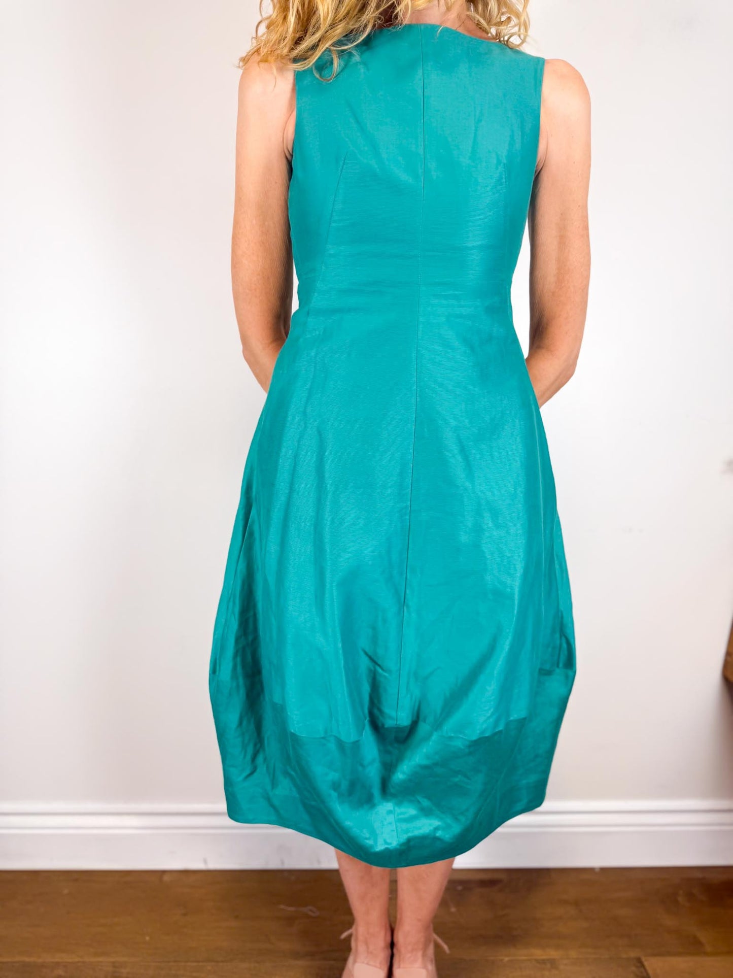 COS Silk Sleeveless Bubble Midi Dress in Teal (Size XS)